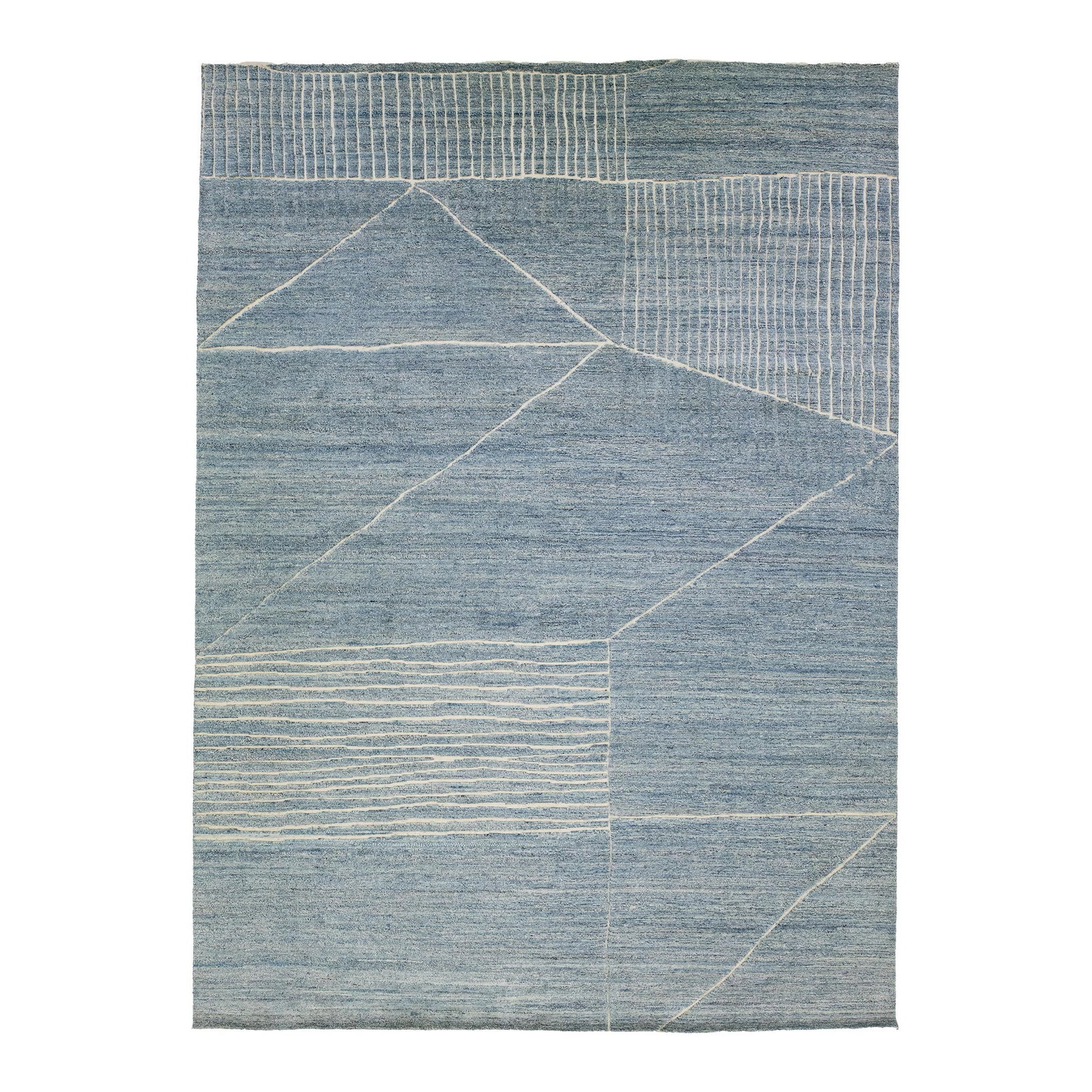 2010s Handmade Blue Geometric Moroccan Wool Rug 10'1 x 13'9: 2010s Handmade Blue Geometric Moroccan Wool Rug 10'1 x 13'9 Enhance your living space with this exquisite handmade geometric Moroccan style wool rug. Designed in a contemporary abstract minimalist sty