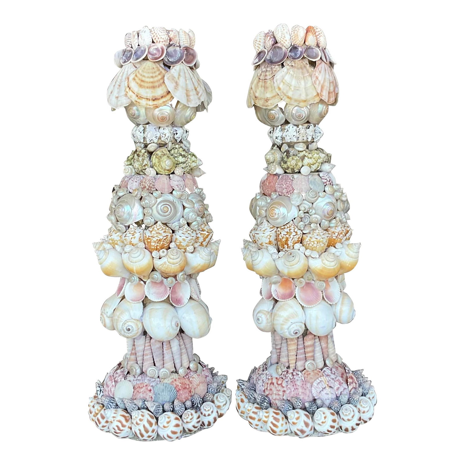 Elegant Vintage Coastal Shell Encrusted Candlesticks - Pair: Elegant Vintage Coastal Shell Encrusted Candlesticks - Pair Add a touch of seaside elegance to your decor with this pair of Vintage Coastal Shell Encrusted Candlesticks. These beautifully crafted cand