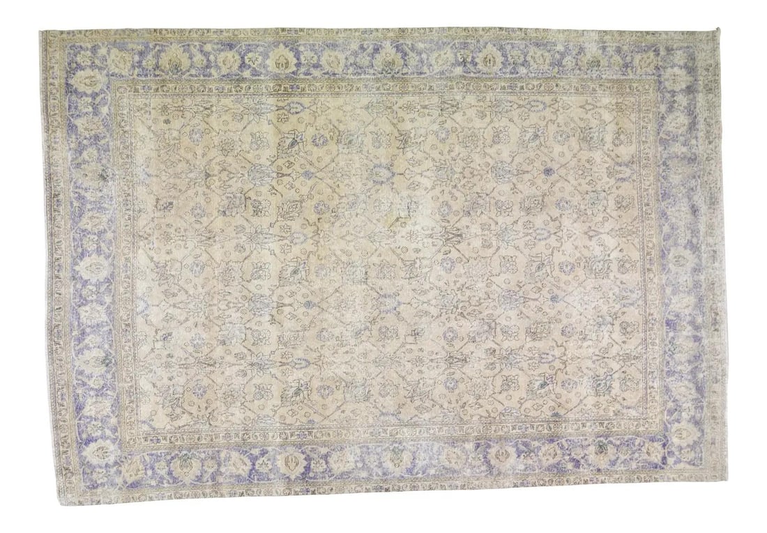 Distressed Vintage Hand Knotted Wool Area Rug 9'6 x 14' Fine Weave: Distressed Vintage Hand Knotted Wool Area Rug 9'6 x 14' Fine Weave This vintage hand-knotted rug features a fine weave and a distressed texture, with its original colors organically neutralized to