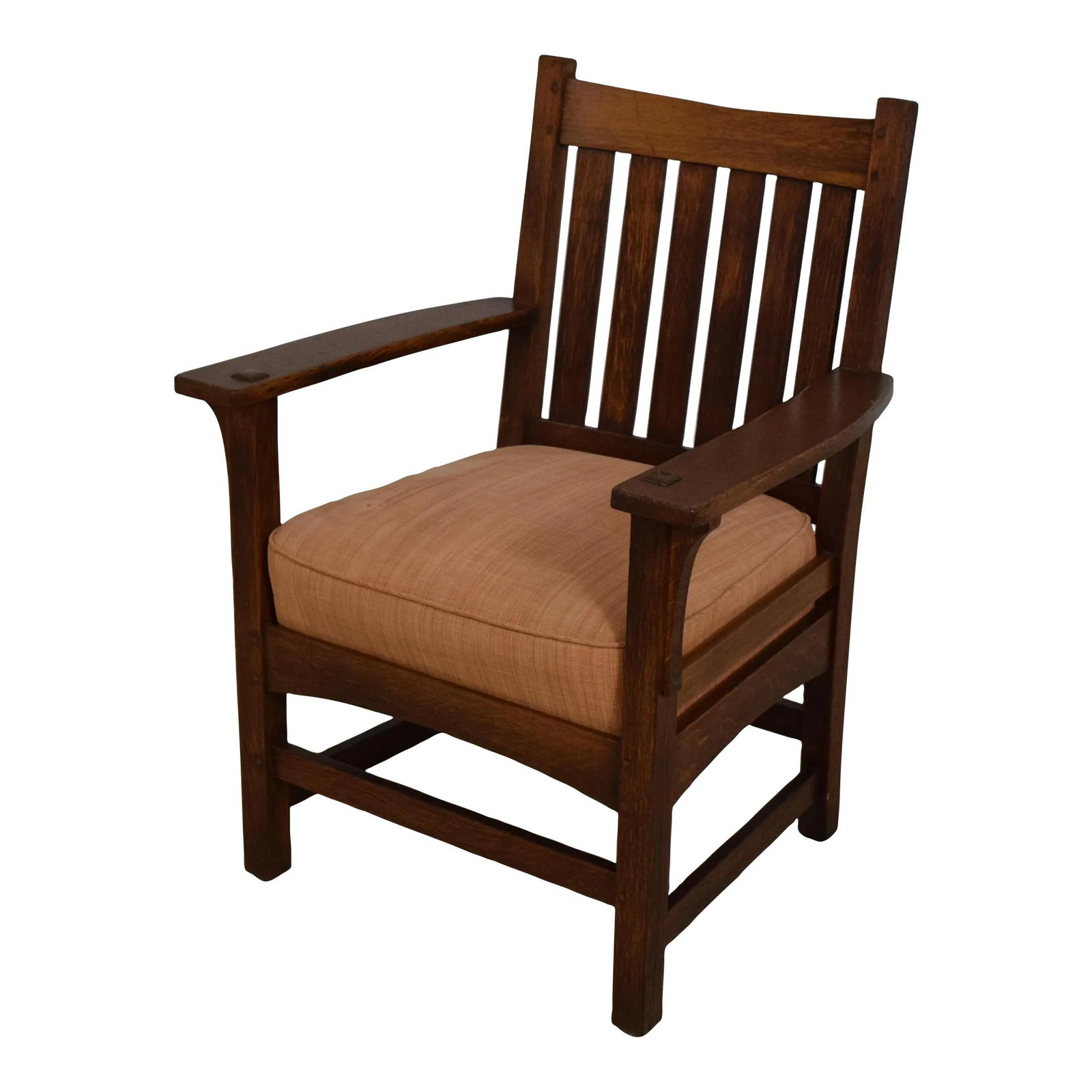 L&jg Stickley Signed Vintage Mission Oak Armchair C.1900-1910: L&jg Stickley Signed Vintage Mission Oak Armchair C.1900-1910 This vintage Mission Oak armchair, signed by L&jg Stickley, dates back to the early 1900s (circa 1900-1910). It features high-quality cons