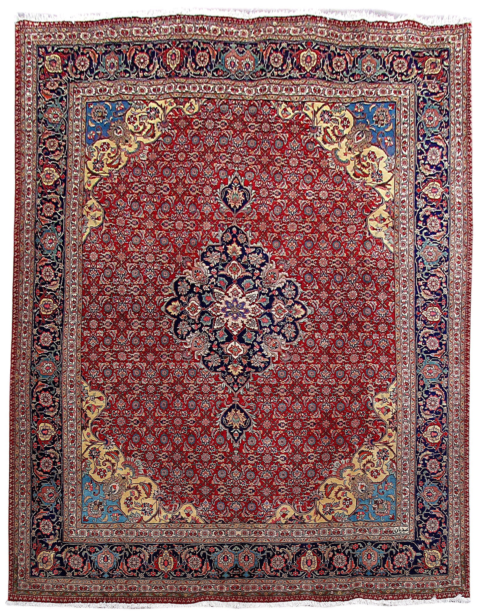 10' x 13' Hand-Knotted Persian Tabriz Mahi Bijar Rug Red Artisan Crafted: 10' x 13' Hand-Knotted Persian Tabriz Mahi Bijar Rug Red Artisan Crafted Free continental US Shipping Immerse yourself in the luxurious allure of this hand-knotted Persian Tabriz Mahi Bijar rug, a stu