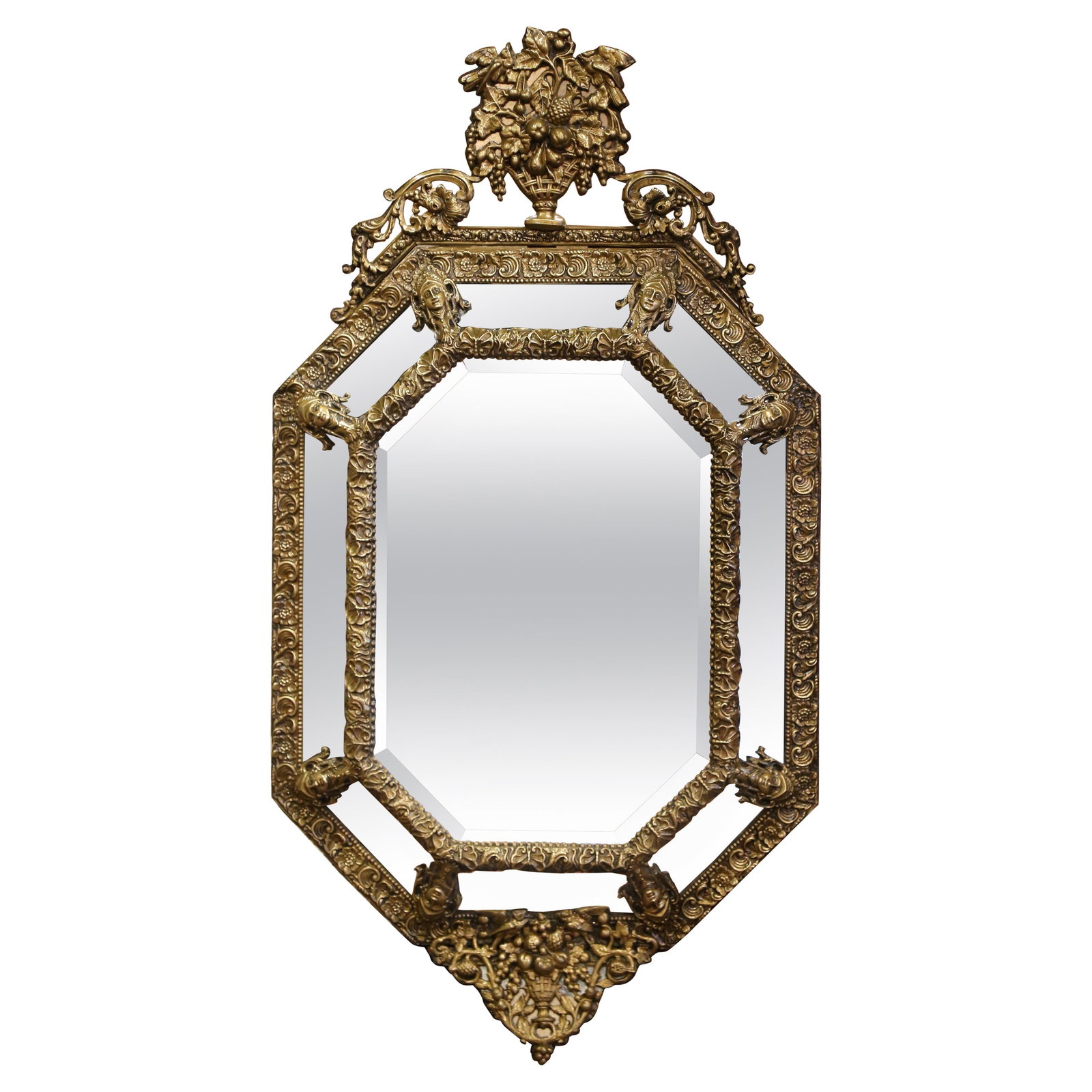 Octagonal French Repousse Brass Mirror with Beveled Mercury Glass Circa 1870 (1 of 11)