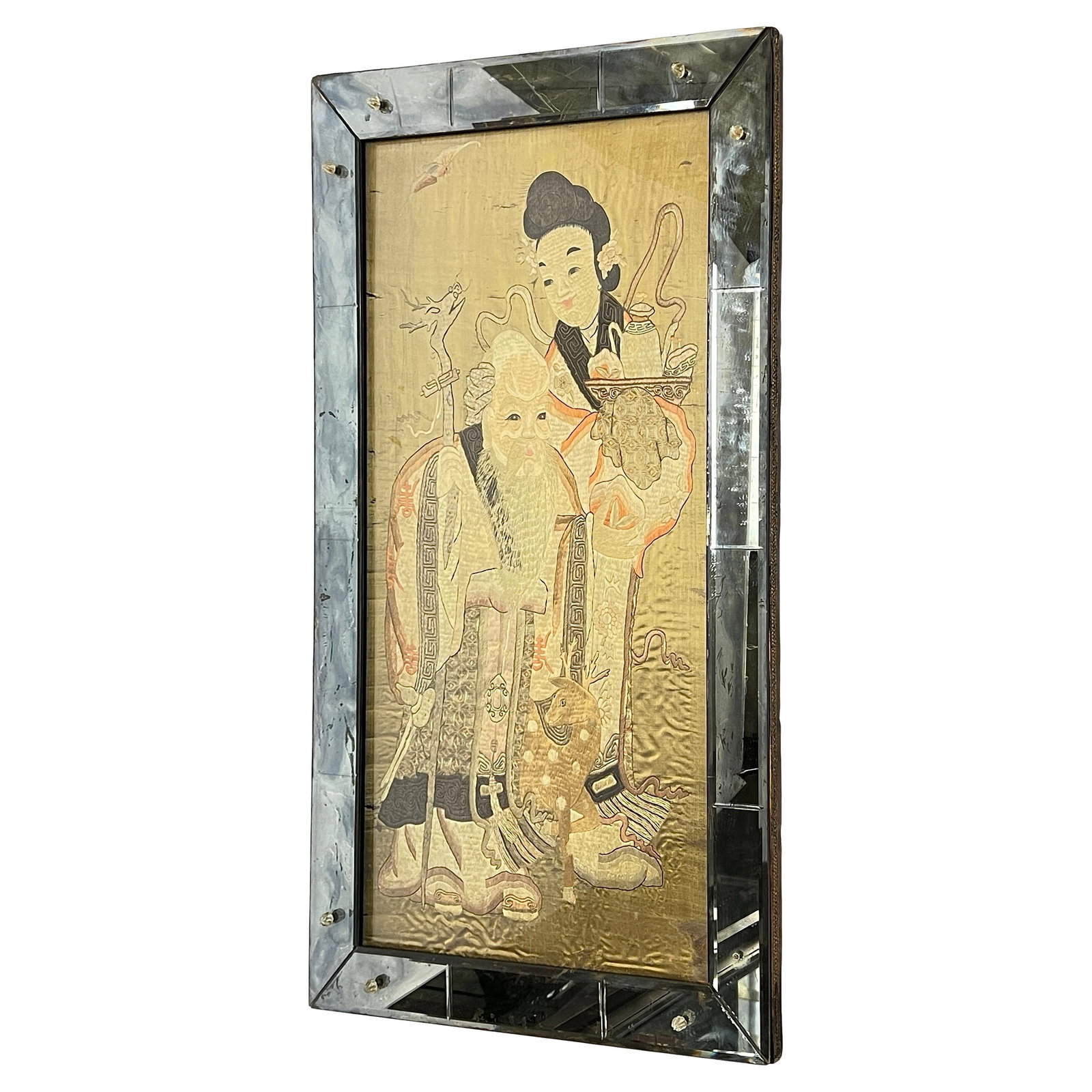 Qing Dynasty Silk Embroidery of Shou Lao and Attendant in Mirrored Frame (1 of 12)