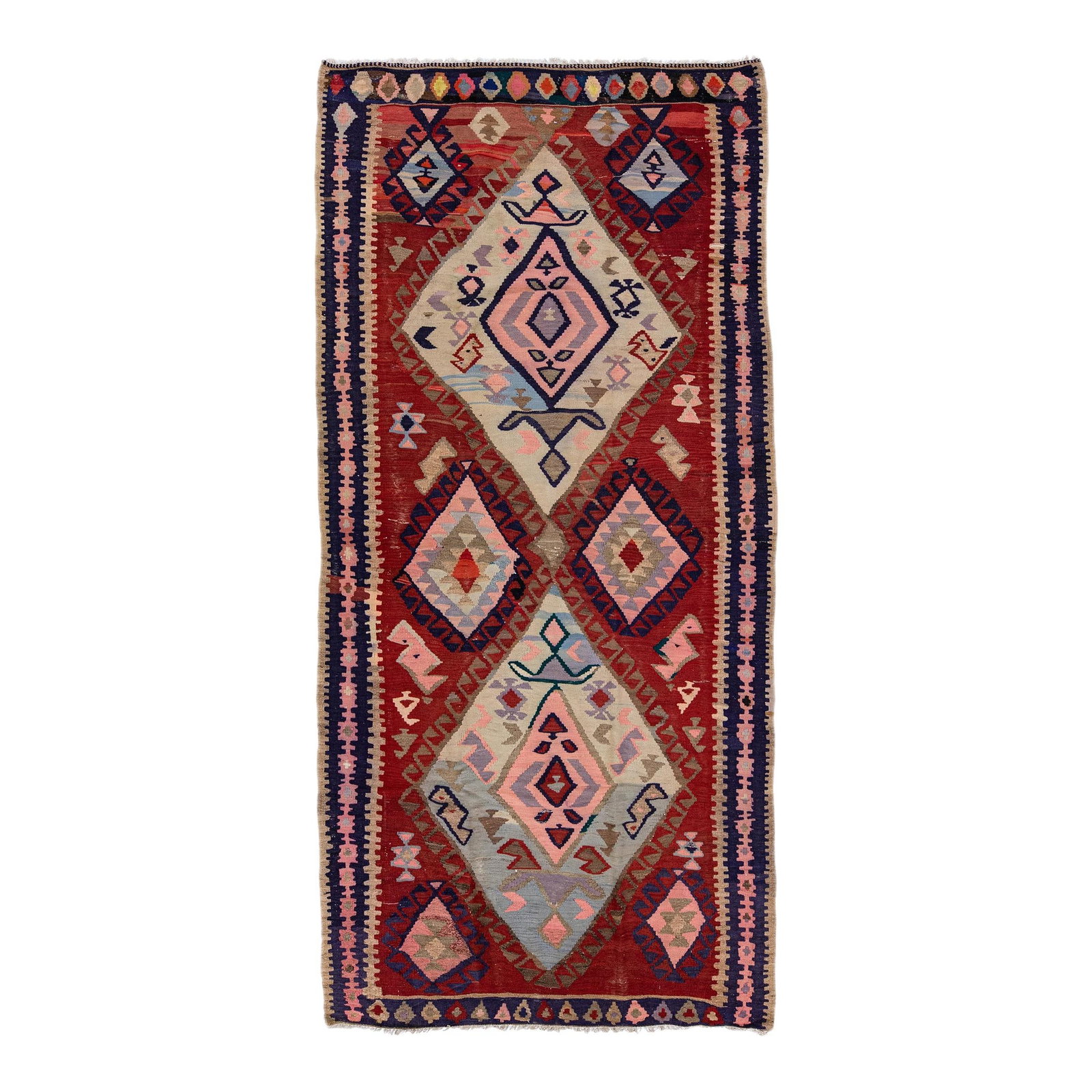 Vintage Turkish Kilim Multicolor Handmade Wool Rug 5'6 x 11'8: Vintage Turkish Kilim Multicolor Handmade Wool Rug 5'6 x 11'8 Discover this exquisite vintage Turkish Kilim rug, meticulously hand-knotted from rich wool. Featuring a warm tan field bordered by a stri