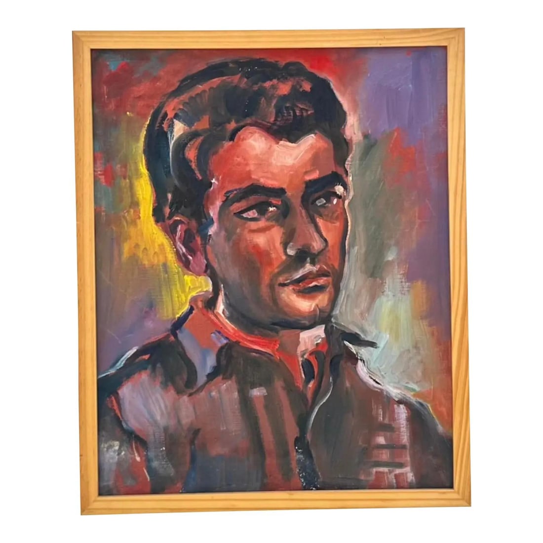 Signed Boho Portrait Oil on Canvas Framed Vintage Artwork: Signed Boho Portrait Oil on Canvas Framed Vintage Artwork This vintage Boho oil portrait painting features a bold depiction of a young man, rendered in expressive colors and dynamic brushstrokes. The 