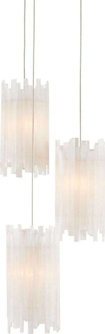 Currey Escenia Pendant Light with Selenite Shades Silver Finish: Currey Escenia Pendant Light with Selenite Shades Silver Finish Elevate your space with the Escenia Pendant, featuring beautiful frosted white selenite shades complemented by a clear silver finish. Th