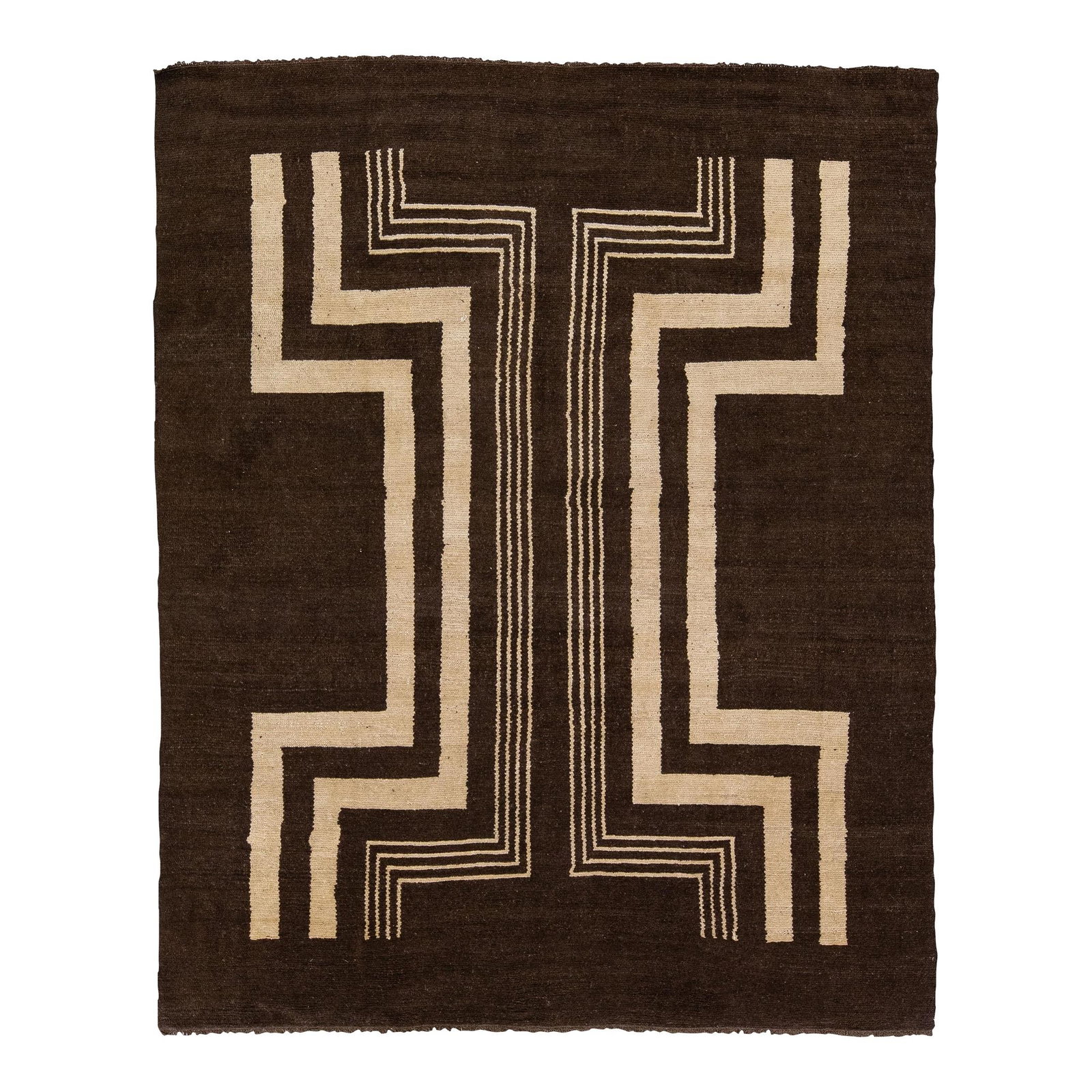 Art Deco Handmade Tribal Motif Brown Wool Rug 7'3 x 9' (1 of 8)