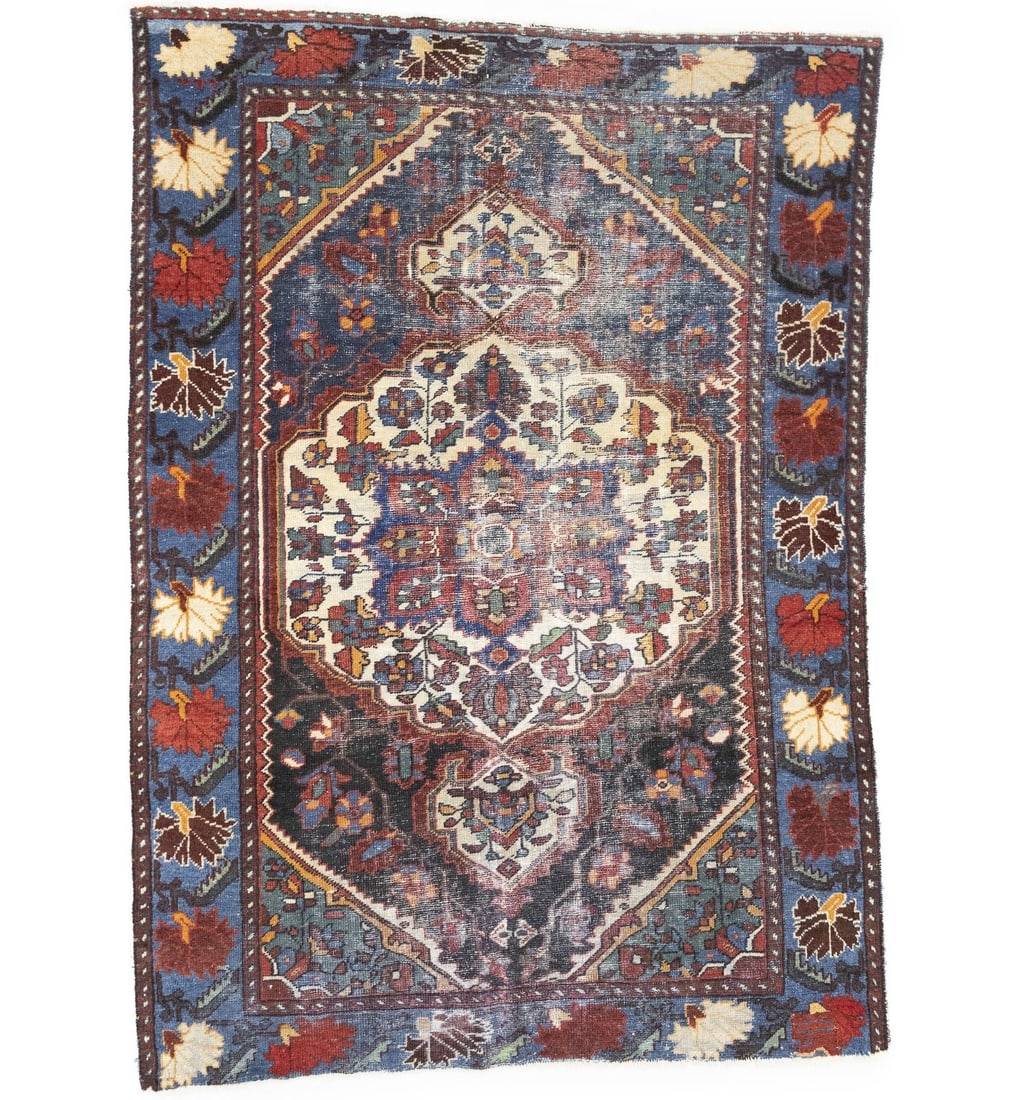 Hand-Knotted Wool Area Rug Vintage Tribal Floral Pattern 4'3 x 5'11: Hand-Knotted Wool Area Rug Vintage Tribal Floral Pattern 4'3 x 5'11 This semi-antique handmade Oriental area rug features a boho-inspired floral and tribal design in a palette of cream, charcoal, red,