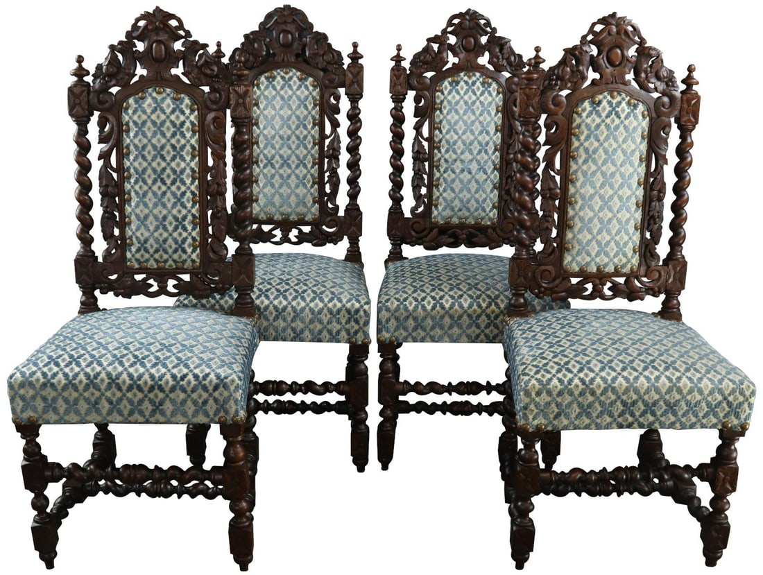 Elegant 1880 French Renaissance Revival Oak Dining Chairs Blue Cream Finish: Elegant 1880 French Renaissance Revival Oak Dining Chairs Blue Cream Finish This set of French Renaissance Revival dining chairs features exquisite carved oak craftsmanship, embodying the elegance of 
