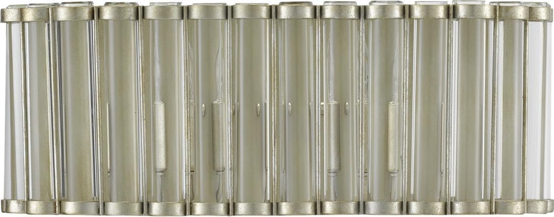 Currey Warwick Optic Crystal Wall Sconce with Silver Leaf Accents: Currey Warwick Optic Crystal Wall Sconce with Silver Leaf Accents Illuminate your space with this stunning optic crystal wall sconce featuring elegant silver leaf accents. Designed in a contemporary s