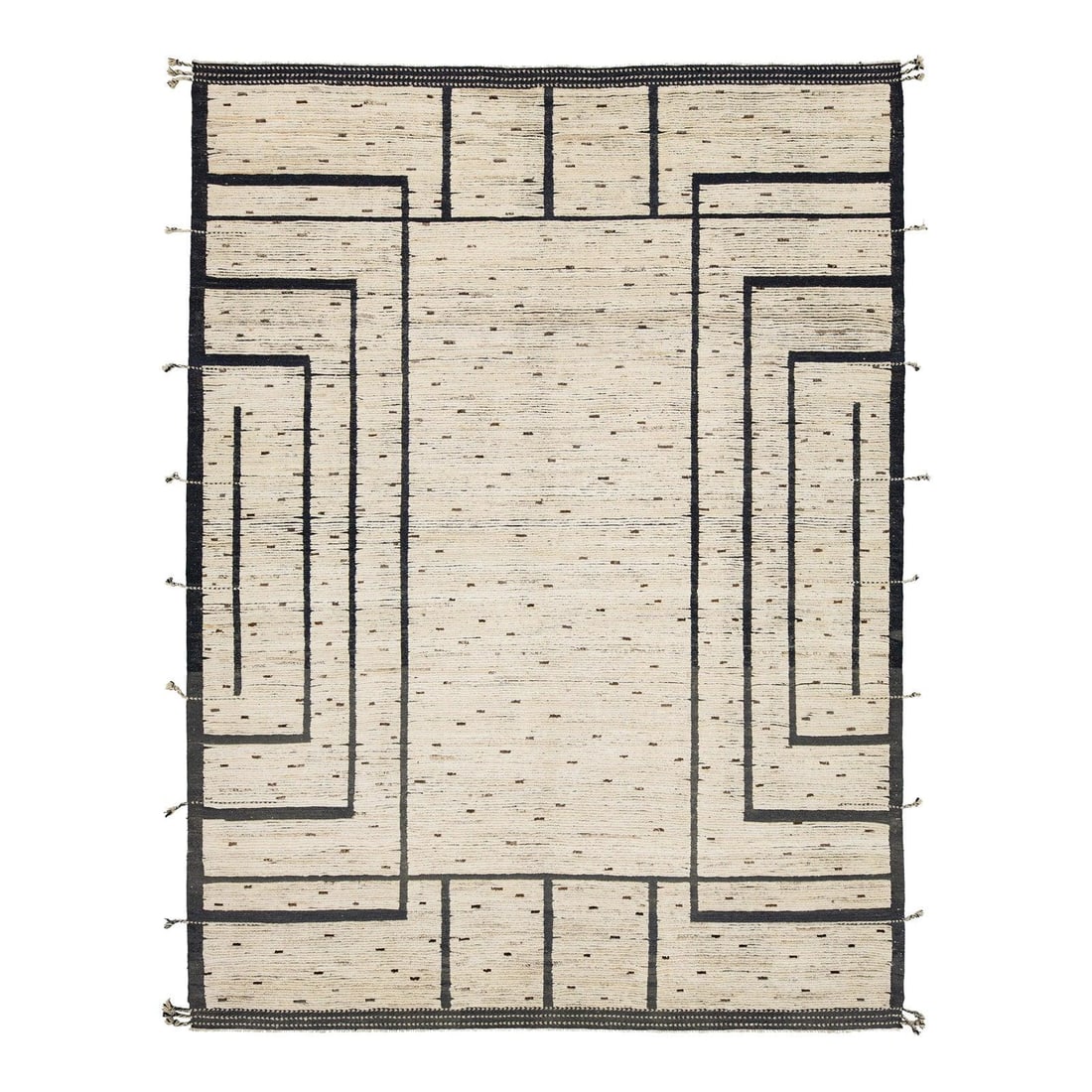 10'6 x 14'1 Moroccan Wool Area Rug With Minimalist Black Geometric Pattern: 10'6 x 14'1 Moroccan Wool Area Rug With Minimalist Black Geometric Pattern This modern Moroccan rug showcases a minimalist black geometric line pattern on a creamy, off-white background. Hand-knotted 