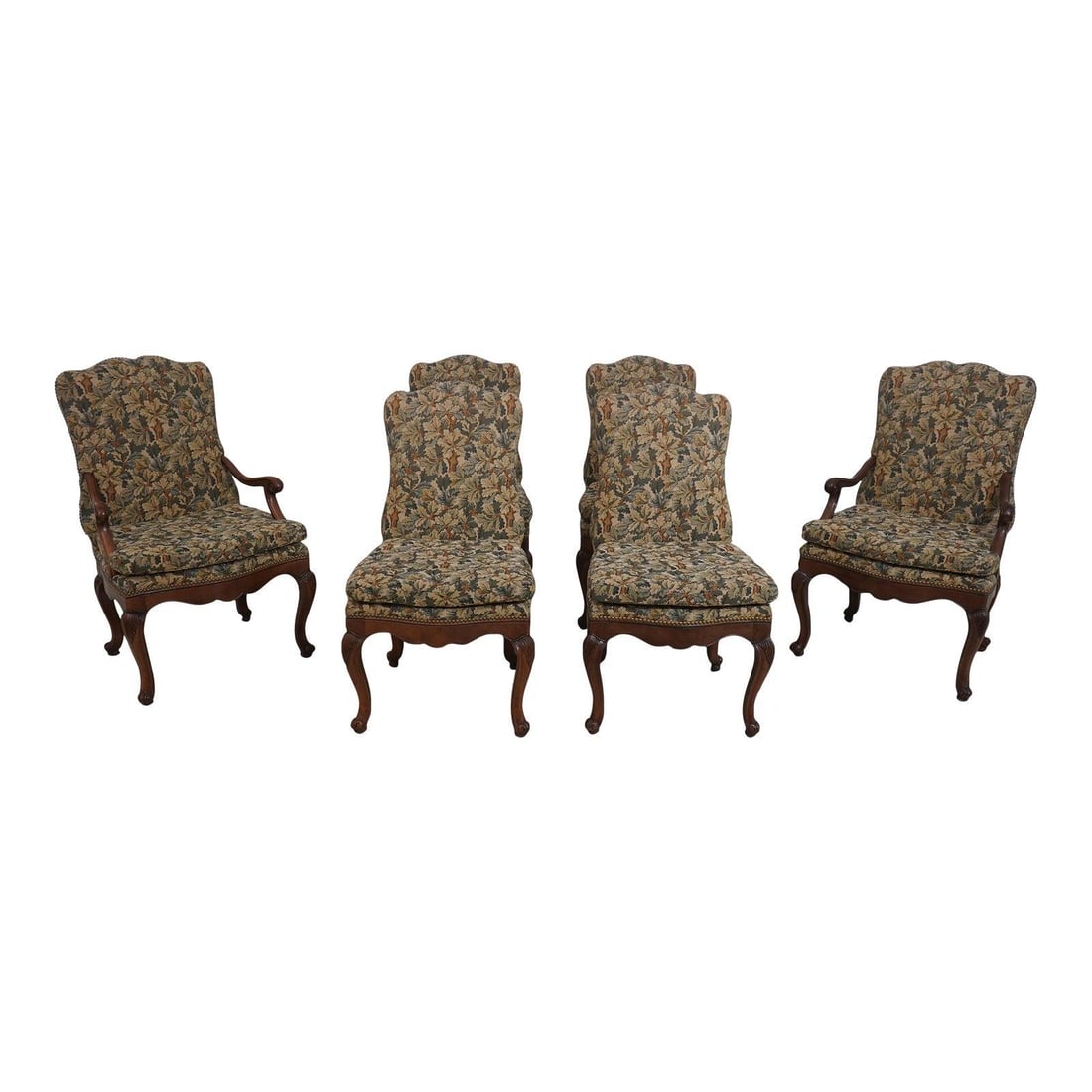 Six Upholstered Dining Chairs in French Louis XV Inspired Tapestry Style Set of 6: Six Upholstered Dining Chairs in French Louis XV Inspired Tapestry Style Set of 6 This set of six French Louis XV style dining chairs features high-quality construction with elegant curved legs and ar