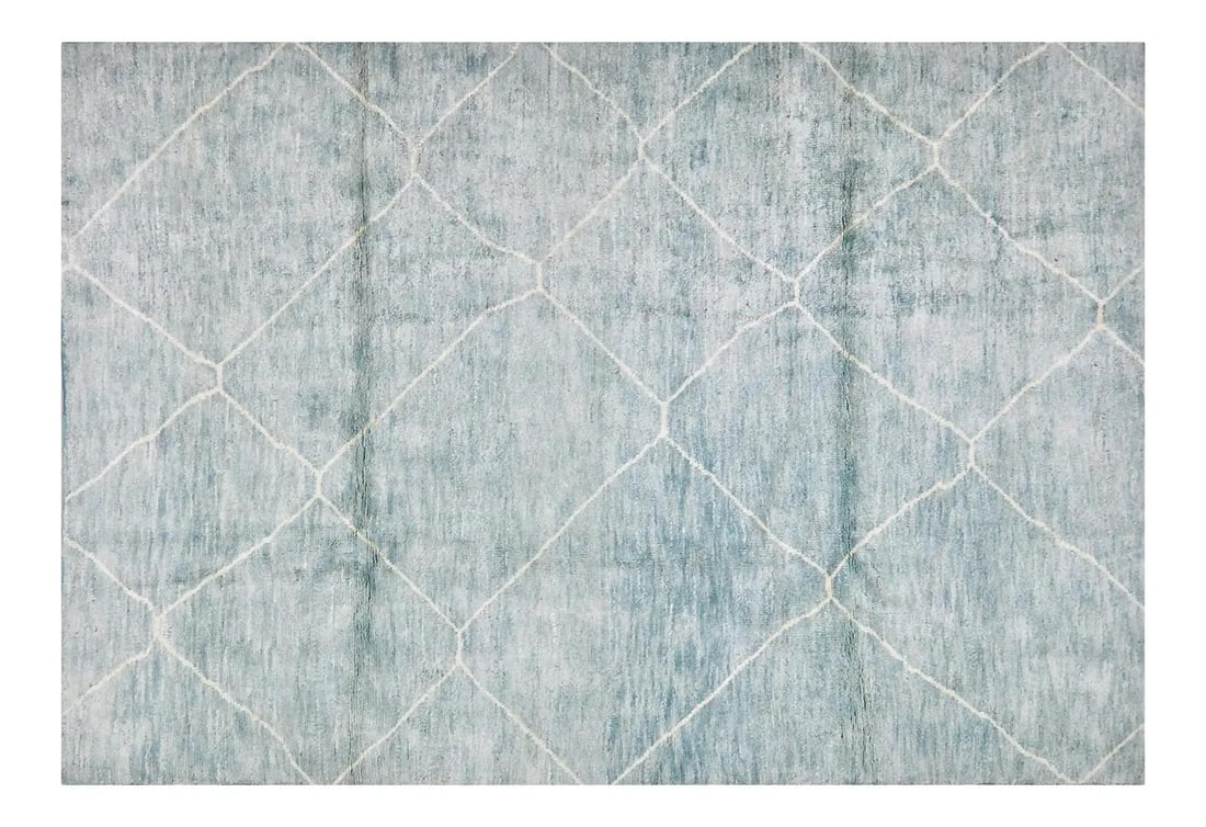 Beni Ourain Wool Area Rug in Blue 5'6 x 8' Moroccan Hand Knotted: Beni Ourain Wool Area Rug in Blue 5'6 x 8' Moroccan Hand Knotted This Moroccan Beni Ourain rug features a hand-knotted construction, showcasing natural colors and a soft texture in a contemporary styl