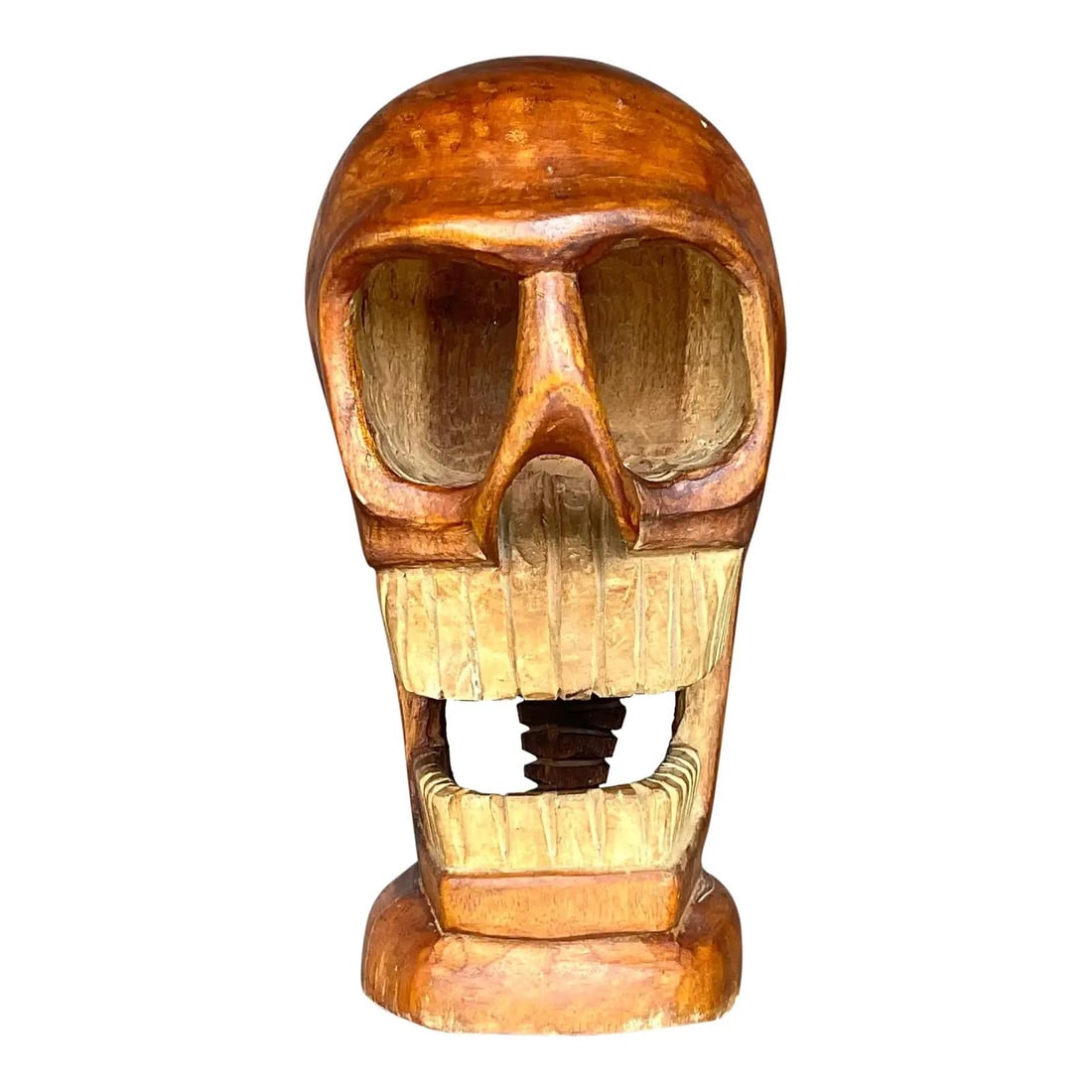 Unique Vintage Boho Carved Wooden Skull Sculpture 10" Chocolate Wood (1 of 7)