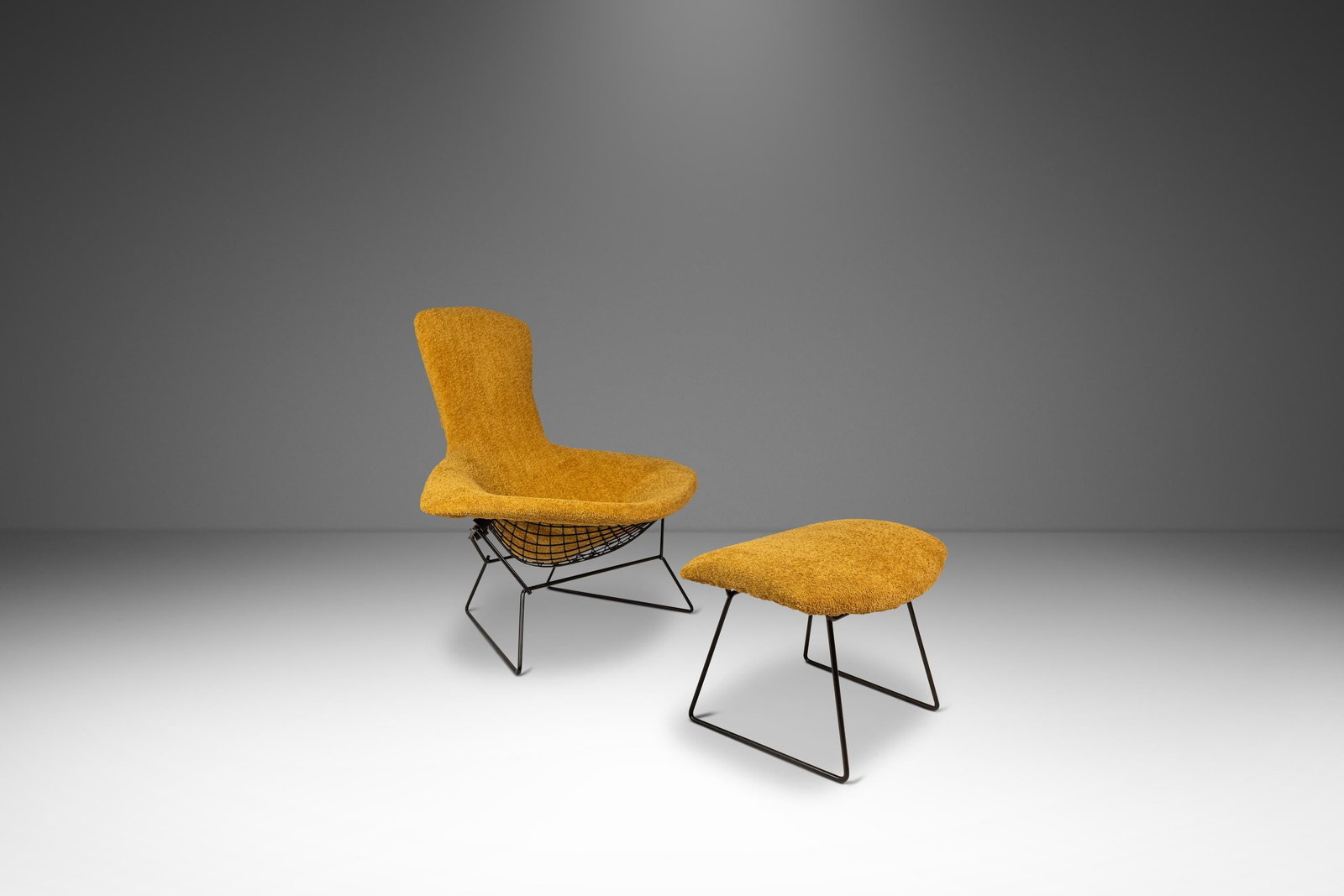 Harry Bertoia Bird Lounge Chair and Ottoman for Knoll in Mustard Boucle 1960s: Harry Bertoia Bird Lounge Chair and Ottoman for Knoll in Mustard Boucle 1960s This early authentic Bird Lounge Chair with matching ottoman was designed by Harry Bertoia for Knoll in the 1960s. The set