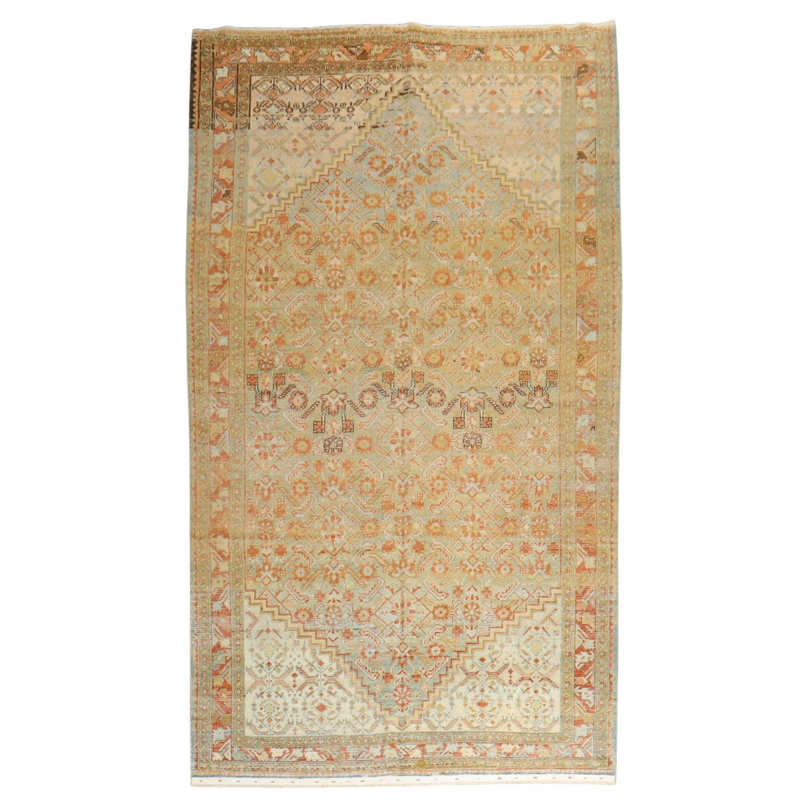 Antique Persian Malayer Rug Light Green Hand-Knotted 67 x 123 in: Antique Persian Malayer Rug Light Green Hand-Knotted 67 x 123 in Discover the beauty of this antique Persian Malayer rug, showcasing exquisite craftsmanship from the early 20th century. Hand-knotted f