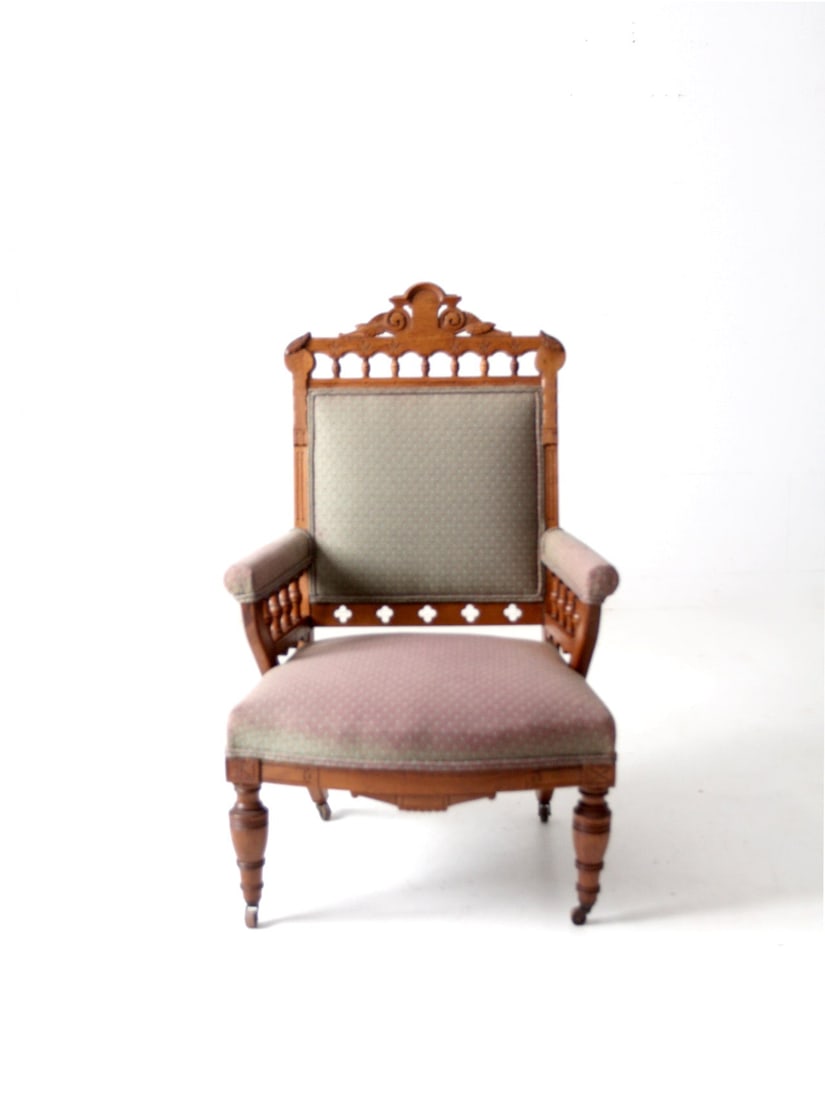 Antique Victorian Eastlake Parlor Chair with Carved Motifs: Antique Victorian Eastlake Parlor Chair with Carved Motifs Discover the charm of this Antique Victorian Eastlake Parlor Chair, a stunning piece that showcases expertly carved motifs throughout its woo