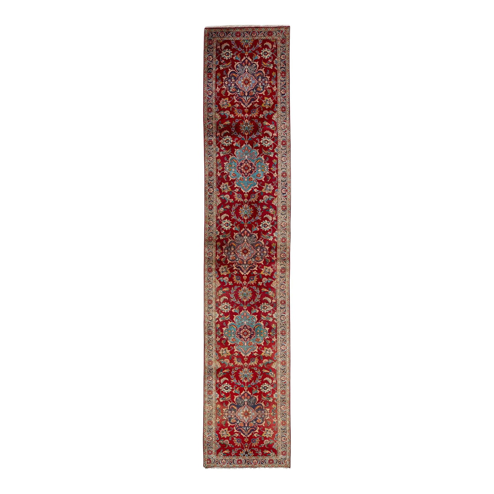 1960s Handcrafted Persian Tabriz Wool Runner Red Medallion 2'6 x 13'2 (1 of 7)
