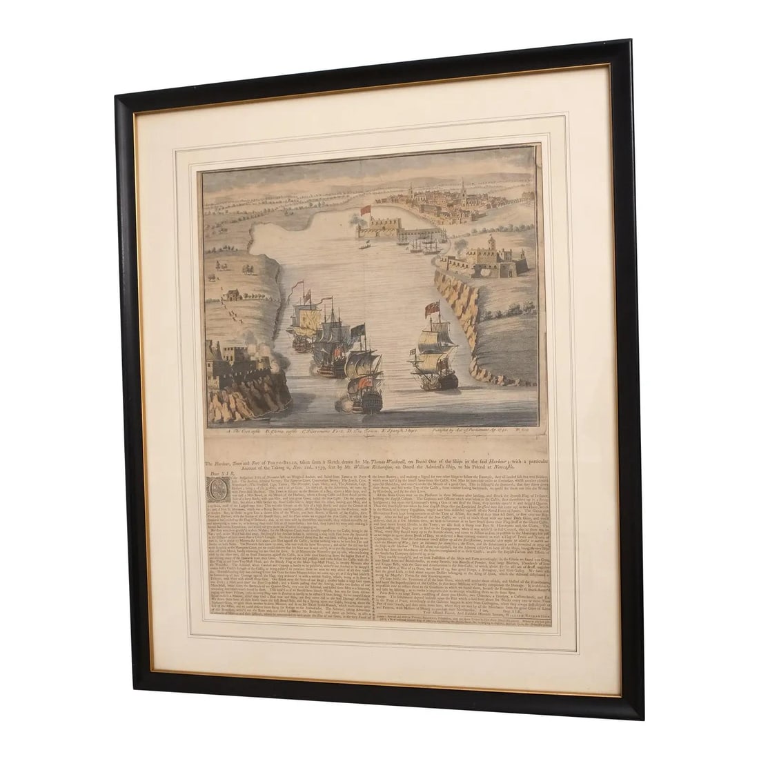 Antique Framed Print of Tall Naval Ships c.1740 23.5x28: Antique Framed Print of Tall Naval Ships c.1740 23.5x28 This stunning antique framed print captures the majestic tall naval ships from c.1740, depicting The Harbor, Taun & Porto Bello. Professionally