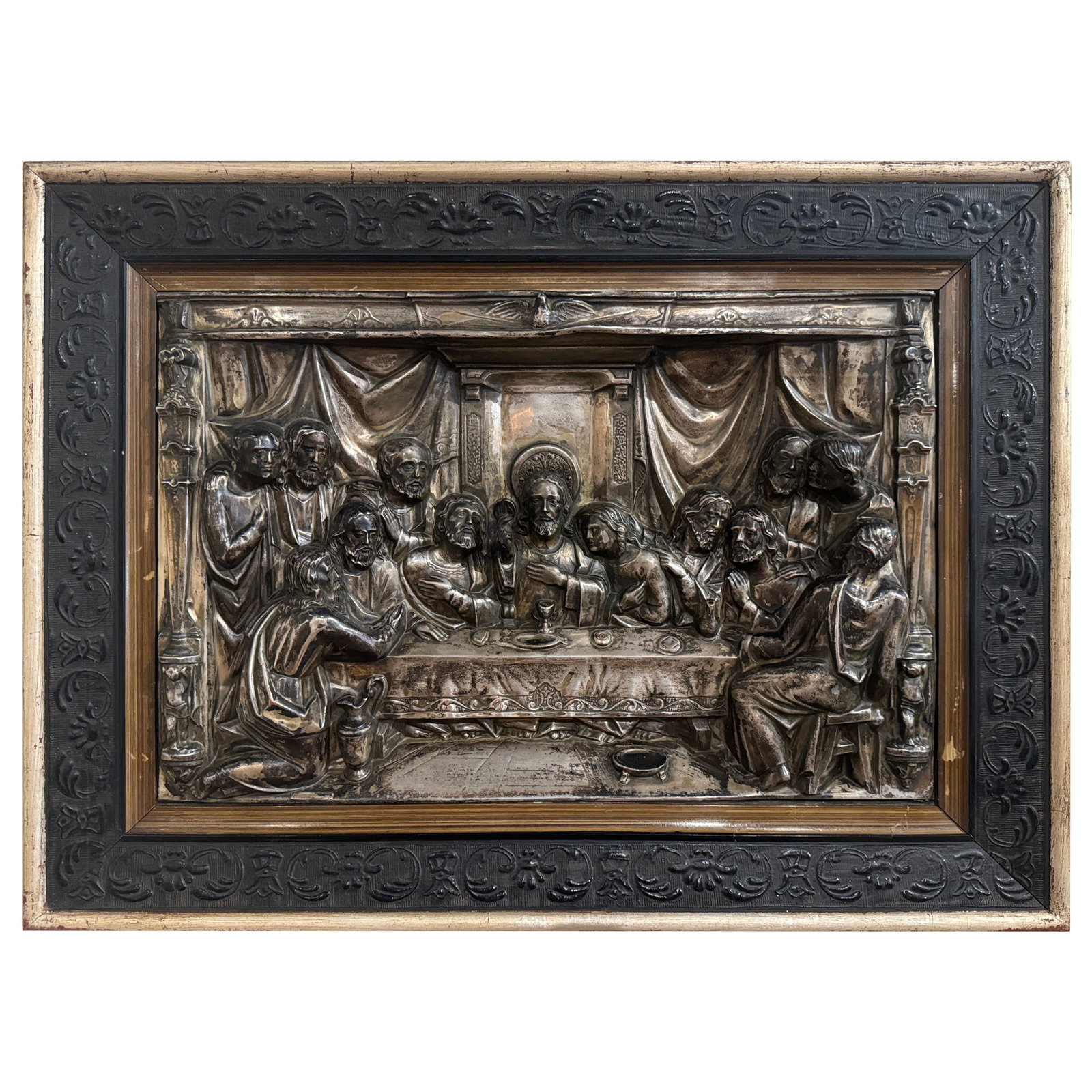 19th Century Spanish Framed Repousse Silverplated Copper Last Supper Artwork (1 of 7)