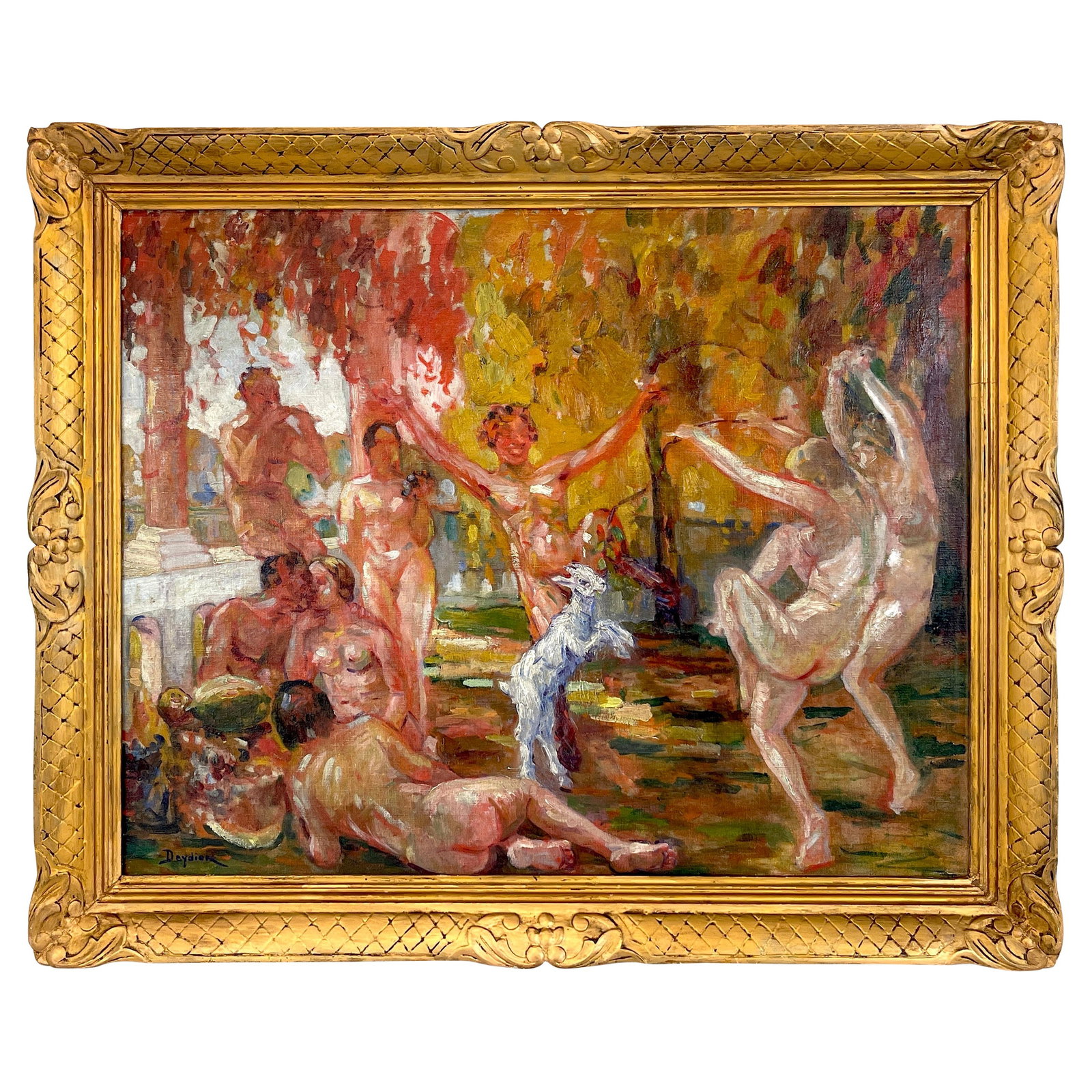 Bacchanal Garden Oil Painting by Rene Deydier 1925 Signed Vintage Giltwood Frame: Bacchanal Garden Oil Painting by Rene Deydier 1925 Signed Vintage Giltwood Frame 'Bacchanal Garden' by Rene Deydier is a stunning oil on canvas artwork created in 1925, showcasing the vibrant colors a
