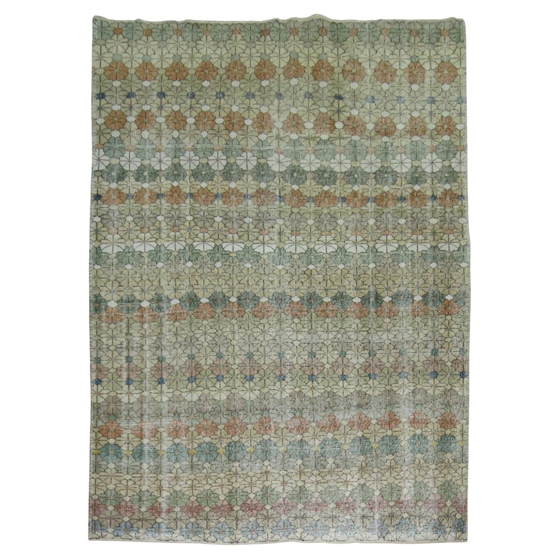 Vintage Mid-Century Turkish Deco Rug Hand-Knotted Wool 6'11 x 10'4: Vintage Mid-Century Turkish Deco Rug Hand-Knotted Wool 6'11 x 10'4 This exquisite Turkish Deco rug showcases a beautiful rustic color palette, embodying the charm of mid-century modern design. Hand-kn