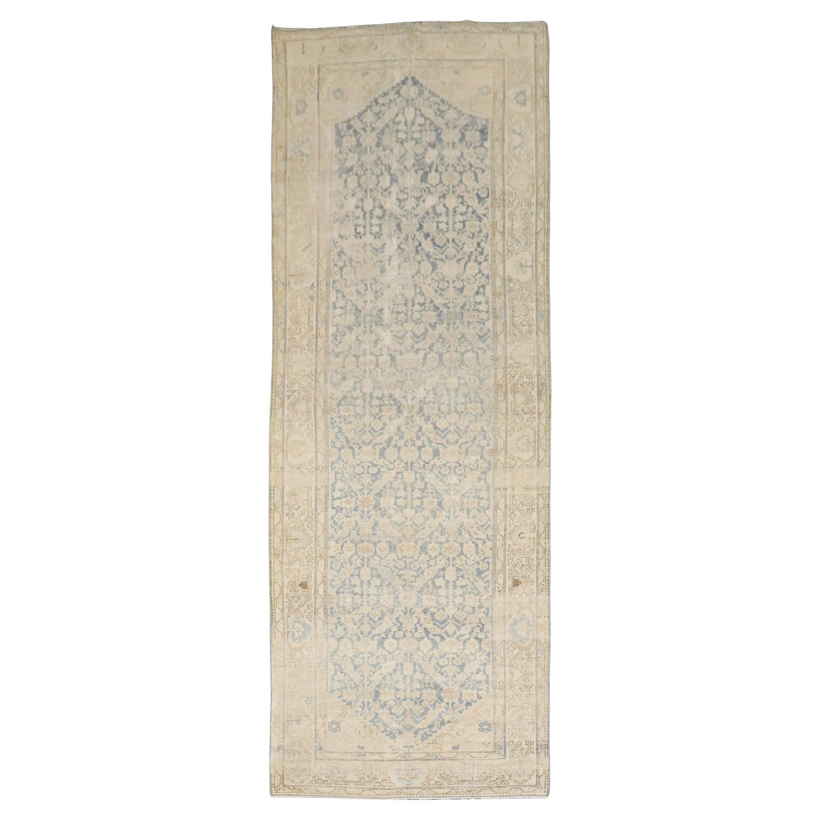 Zabihi Collection Vintage Blue Persian Malayer Runner 4'10 x 13'6: Zabihi Collection Vintage Blue Persian Malayer Runner 4'10 x 13'6 Discover the elegance of this stunning Blue Persian Malayer Rug, featuring a soft blue and cream color palette. Hand-knotted from high