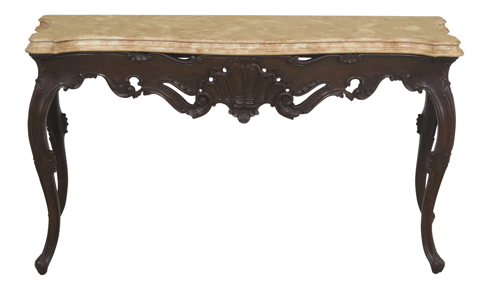 Vintage French Louis XV Style Faux Marble Console Table: Vintage French Louis XV Style Faux Marble Console Table This elegant console table exemplifies the timeless charm of French Louis XV style. It features a beautifully painted faux marble top that adds 