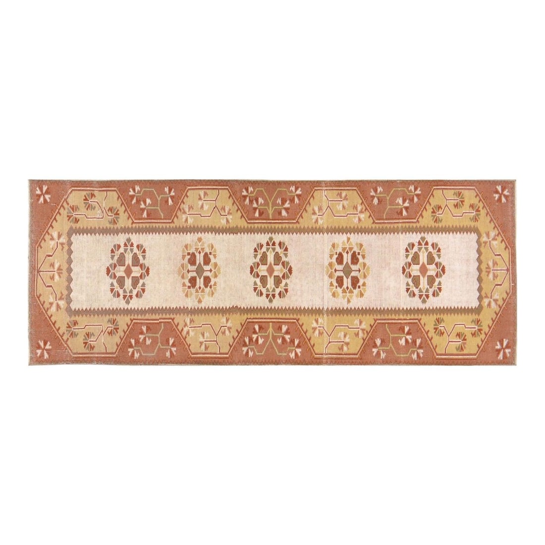 Handmade Anatolian Wool Area Rug in Burnt Orange 2'6 x 7'2: Handmade Anatolian Wool Area Rug in Burnt Orange 2'6 x 7'2 This vintage Turkish Anatolian rug is hand-knotted from wool using traditional techniques, combining enduring craftsmanship with a modern des