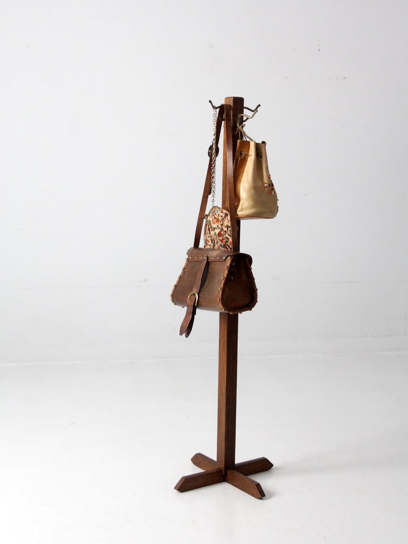 Arts & Crafts Vintage Wooden Coat Rack with Brass Hooks (1 of 9)