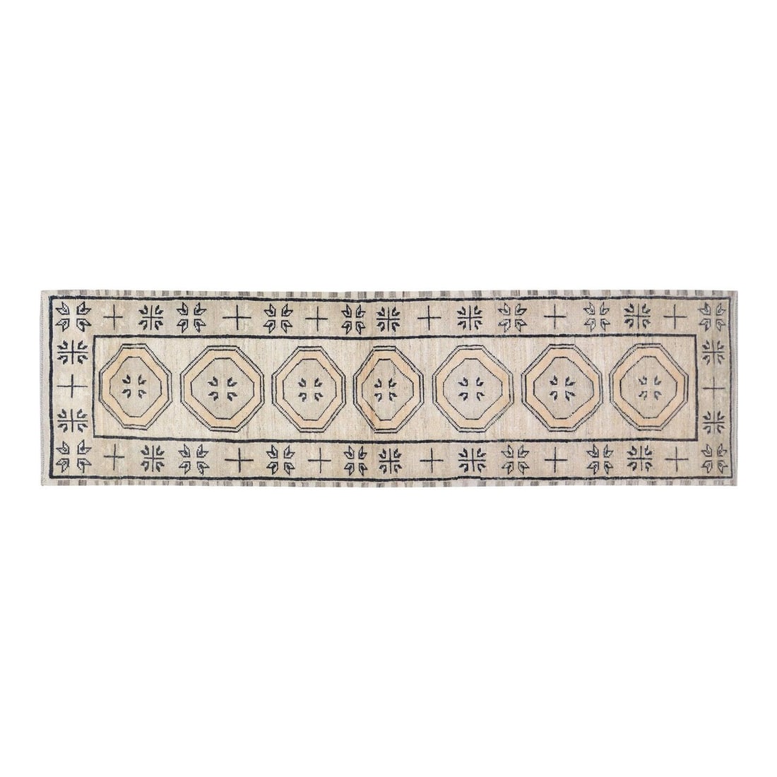 Handmade Wool Oushak Runner Rug 2'10" x 10'6" Vintage 1980s: Handmade Wool Oushak Runner Rug 2'10" x 10'6" Vintage 1980s This 1980s Oushak rug is hand-knotted from wool using traditional techniques, blending classic artistry with modern design sensibilities. It