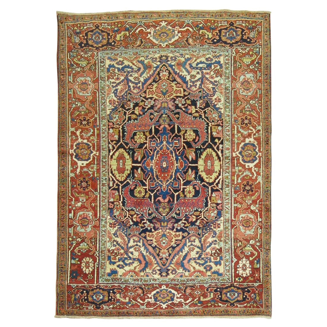 Early Victorian Persian Heriz Wool Rug Hand-Woven Circa 1920 4'7 x 6'2: Early Victorian Persian Heriz Wool Rug Hand-Woven Circa 1920 4'7 x 6'2 This Traditional Antique Persian Heriz Rug showcases exquisite craftsmanship and historical significance. Hand-woven from high-qu