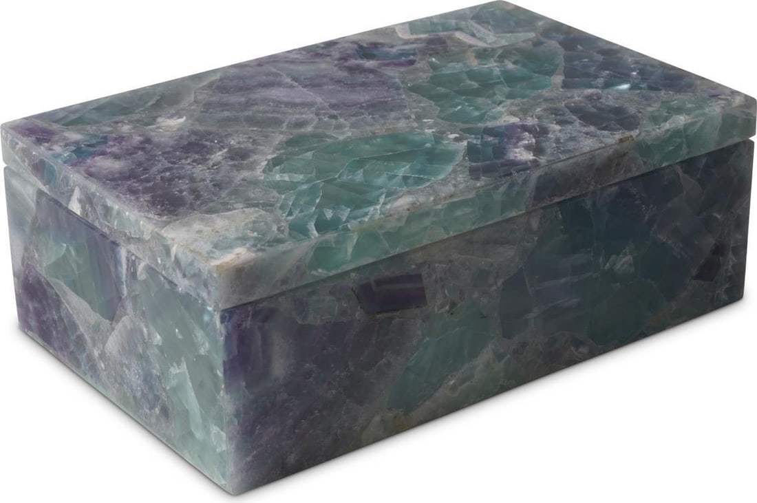 Currey Stunning Fluorite Box 2.5H x 7W x 4.5D New: Currey Stunning Fluorite Box 2.5H x 7W x 4.5D New Discover this stunning collector's box crafted from beautiful fluorite. With its elegant dimensions, this piece stands at 2.50 inches in height, 7.00 