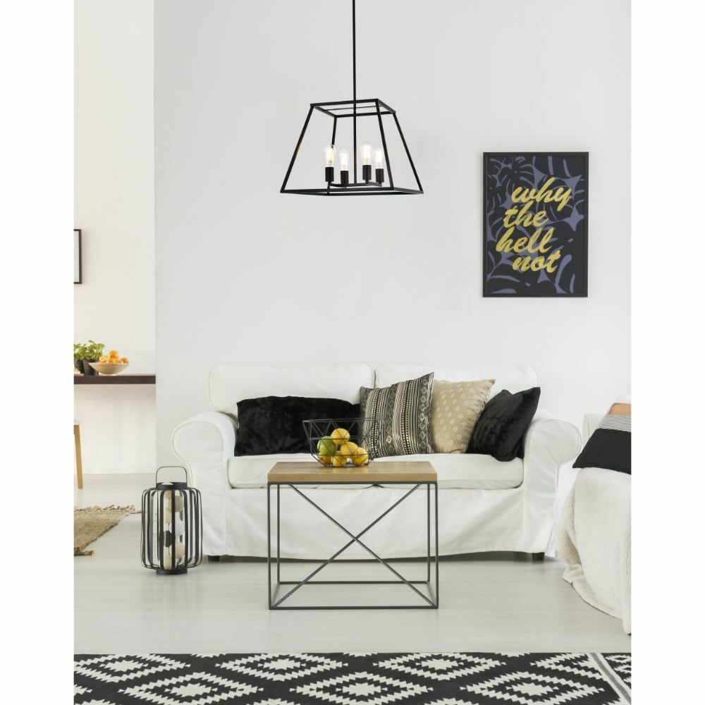 Declan 4-Light Black Metal Pendant Chandelier for Kitchen or Dining Room: Declan 4-Light Black Metal Pendant Chandelier for Kitchen or Dining Room This modern farmhouse-style chandelier features a black trapezoid open lantern shade and accommodates four E26 bulbs for versat