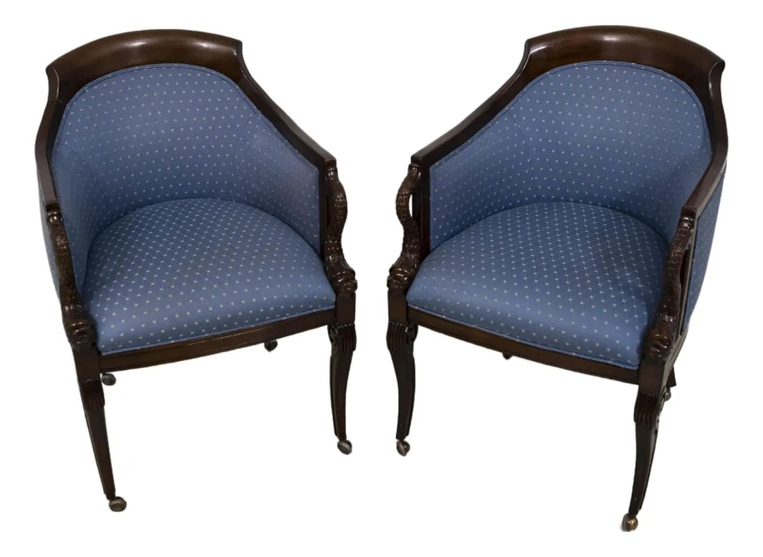 Vintage Regency Dolphin Carved Armchairs Pair C.1950s Reupholstered: Vintage Regency Dolphin Carved Armchairs Pair C.1950s Reupholstered This exquisite pair of vintage Regency style armchairs features beautifully carved dolphin arms, showcasing quality craftsmanship fr