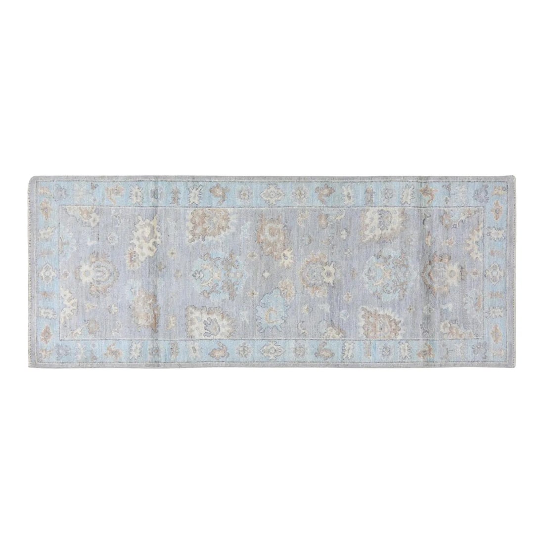 Hand-Knotted Wool Oushak Rug Light Gray 3'x8' Pakistan: Hand-Knotted Wool Oushak Rug Light Gray 3'x8' Pakistan This hand-knotted wool rug from Pakistan features traditional craftsmanship combined with a modern design sensibility. Its durable and soft wool 