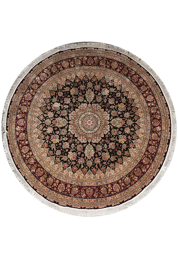 7.1 x 7.1 Round Handmade Wool Silk Tabriz Rug Burgundy Black 85 in: 7.1 x 7.1 Round Handmade Wool Silk Tabriz Rug Burgundy Black 85 in Free continental US Shipping This round area rug features a fine hand-knotted weave and is crafted from a blend of quality wool and s