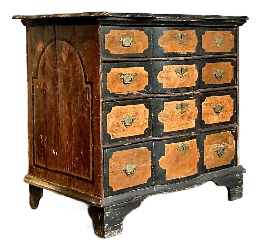 Hand-Painted Bohemian Chest With Distressed Ochre Panels and Antique Brass Hardware: Hand-Painted Bohemian Chest With Distressed Ochre Panels and Antique Brass Hardware This vintage Boho hand-painted chest of drawers showcases artistic flair and historical character, featuring a facad