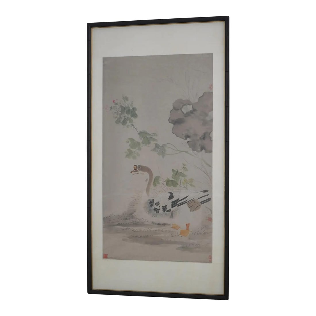 Serene Asian Art Wild Goose Watercolor on Silk 28 x 53.5: Serene Asian Art Wild Goose Watercolor on Silk 28 x 53.5 Discover the elegance of this Asian art piece featuring a stunning watercolor painting of a wild goose set against a serene pond landscape. The