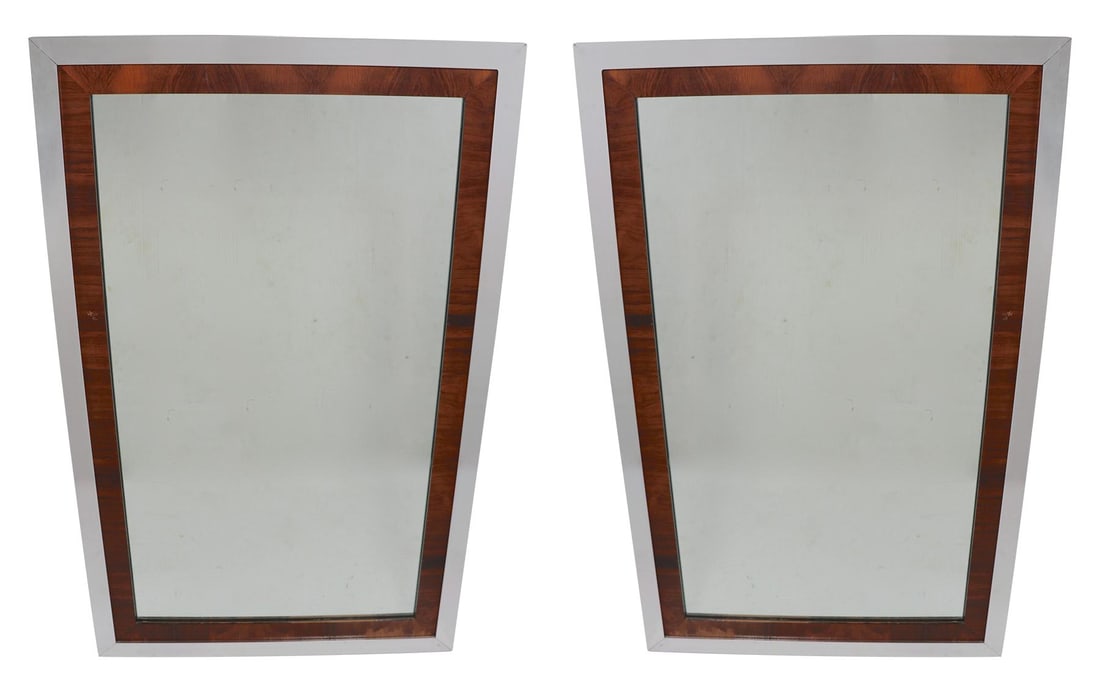 Chic Pair of Mid Century Mirrors in Baughman Style: Chic Pair of Mid Century Mirrors in Baughman Style This stylish pair of Mid Century mirrors features a chic aluminum border with an elegant walnut veneer interior surrounding the reflective glass. Bot