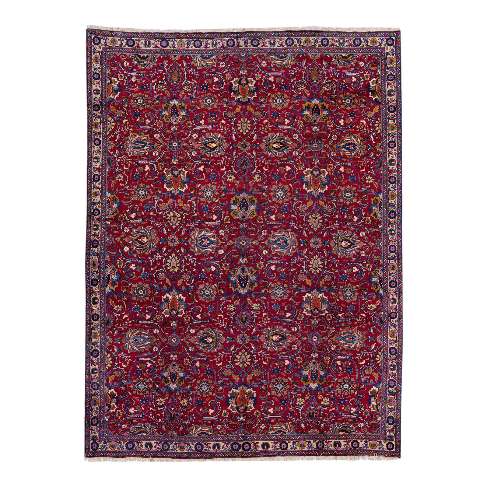 Vintage 1960s Persian Tabriz Hand-Knotted Red Wool Rug 7'7 x 10'4: Vintage 1960s Persian Tabriz Hand-Knotted Red Wool Rug 7'7 x 10'4 This exquisite vintage Persian Tabriz rug showcases a stunning red color field complemented by a beige frame and vibrant multicolor ac