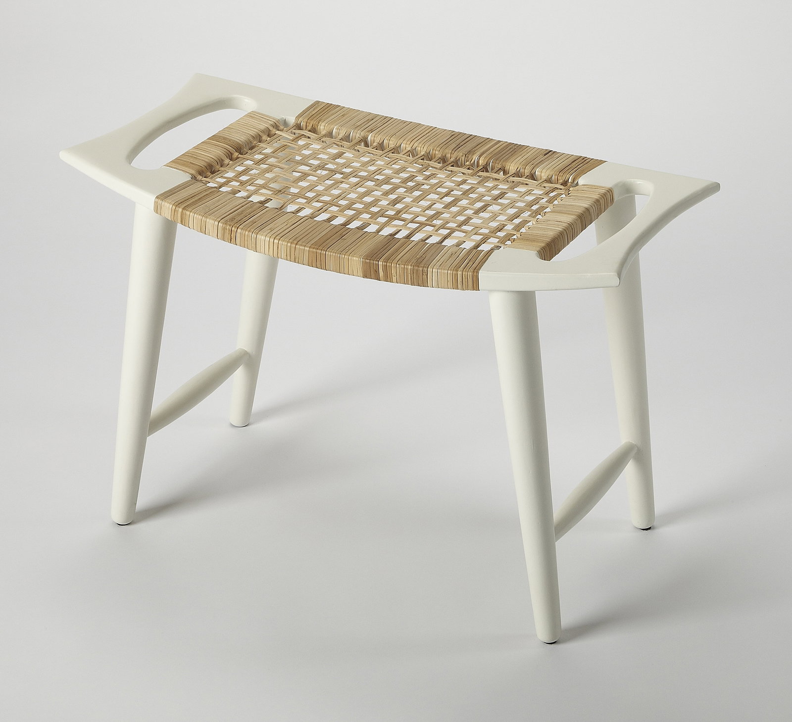 Butler Coastal Stool Handmade White Mango Wood Woven Cane: Butler Coastal Stool Handmade White Mango Wood Woven Cane Elevate your interior with this Chic Coastal Stool, perfect for versatile indoor use. This handmade piece features a stylish rectangular shape