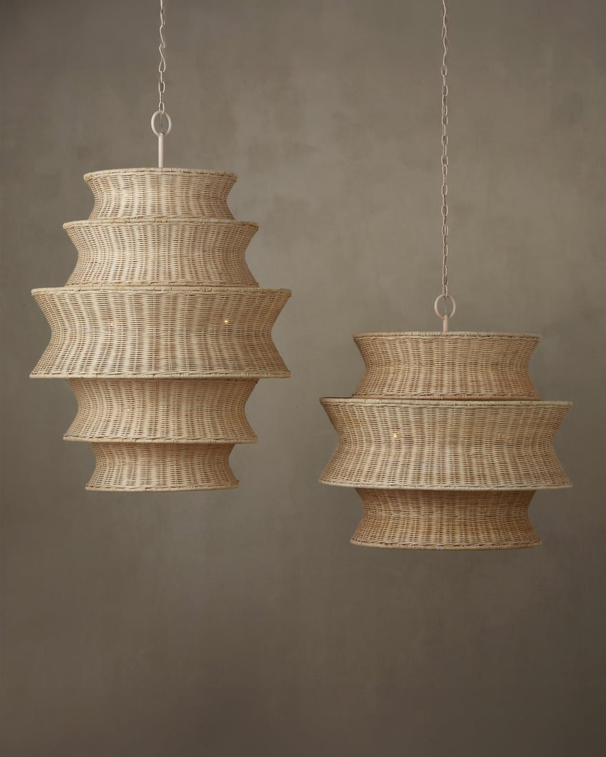 Phebe Medium Rattan Chandelier by Currey Coastal Style 9 Bulbs: Phebe Medium Rattan Chandelier by Currey Coastal Style 9 Bulbs Illuminate your space with the stunning Chic Rattan Chandelier designed by Clarence Mallari. This exquisite piece combines a coastal styl