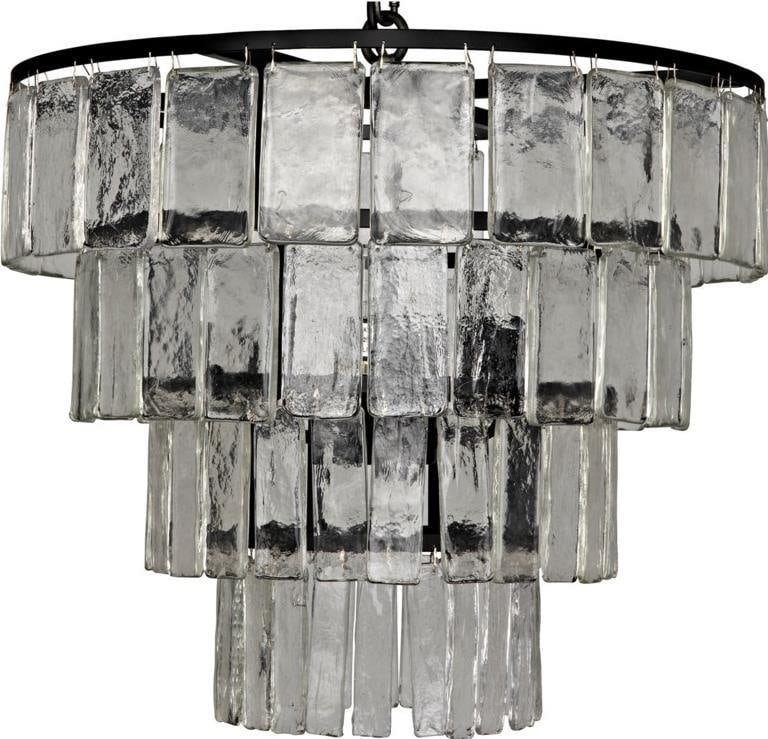 Noir Carnegie Chandelier Black Steel 3-Light with Handblown Glass: Noir Carnegie Chandelier Black Steel 3-Light with Handblown Glass Introducing the Carnegie Chandelier, a stunning blend of modern elegance and industrial charm. This medium-sized chandelier features a
