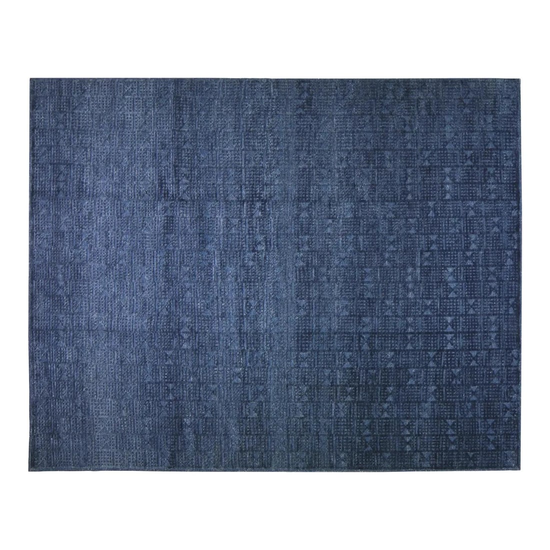 Geometric Pattern Wool Rug Scandinavian Hand Knotted 10'2" x 13'9": Geometric Pattern Wool Rug Scandinavian Hand Knotted 10'2" x 13'9" This contemporary Scandinavian hand-knotted rug features a geometric pattern and a soft texture. Crafted from wool in a navy blue col