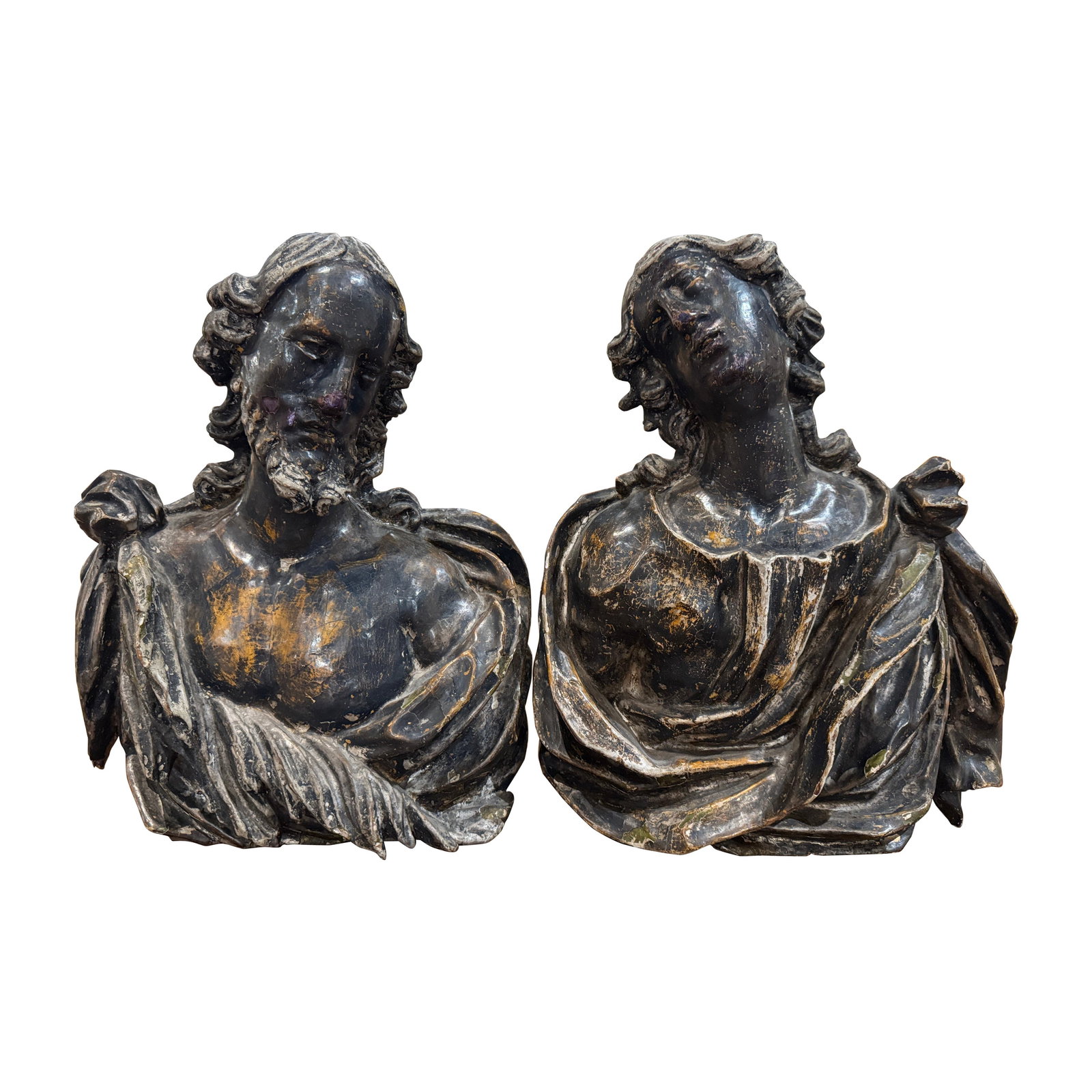 Baroque French Pine Bust Wall Sculptures Set Male and Female Circa 1750: Baroque French Pine Bust Wall Sculptures Set Male and Female Circa 1750 This pair of mid-18th century French wall sculptures features hand-carved pine busts of a male and female figure in the expressi