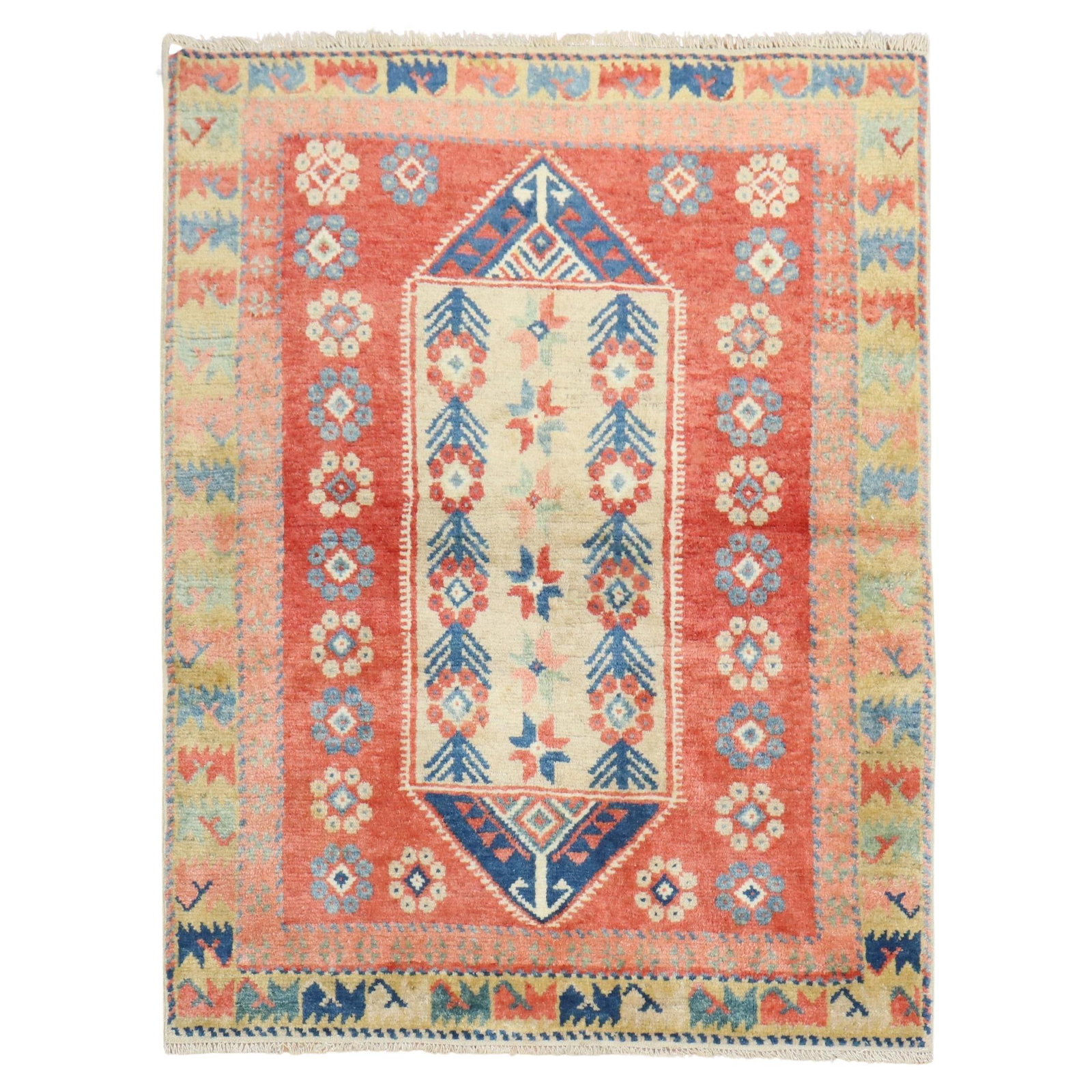 Vintage Turkish Anatolian Hand-Knotted Wool Rug 40 x 51 in Red: Vintage Turkish Anatolian Hand-Knotted Wool Rug 40 x 51 in Red This stunning vintage Turkish Anatolian scatter rug showcases a beautiful Greco Roman style, woven with meticulous hand-knotting techniqu