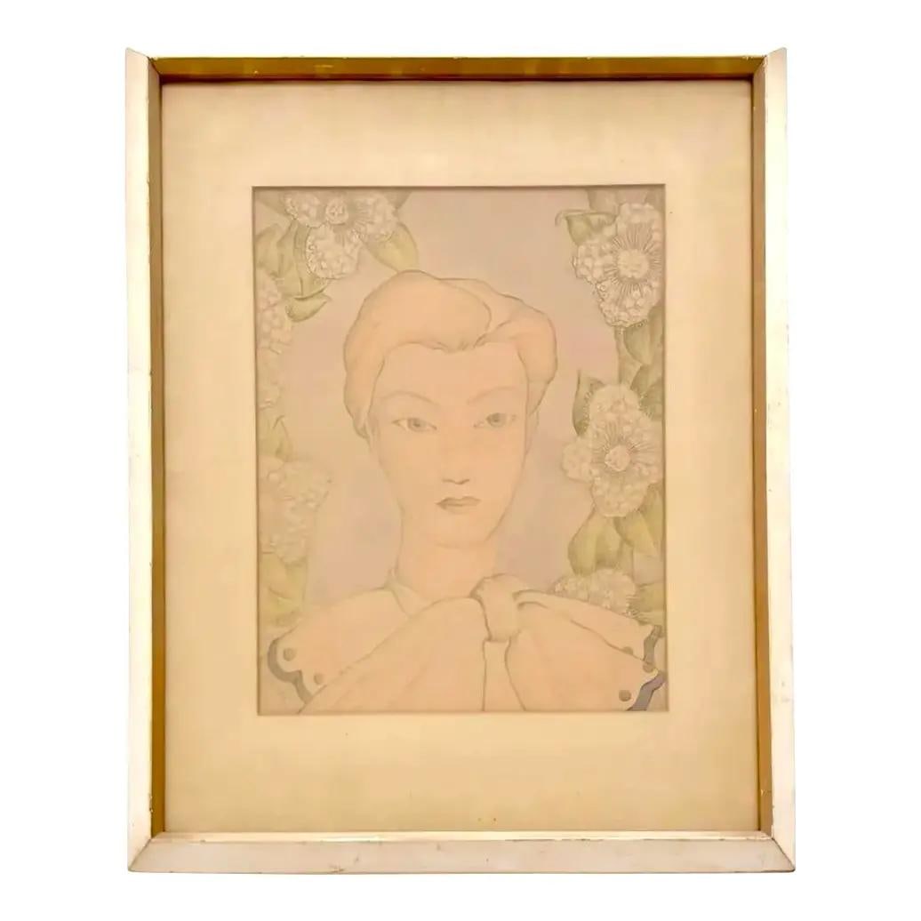 Art Deco Era Young Woman Portrait in Vintage Frame: Art Deco Era Young Woman Portrait in Vintage Frame This vintage 1930s portrait features a young woman rendered in gentle pinks, faded greens, and soft neutrals, evoking an ethereal Deco-era aesthetic.