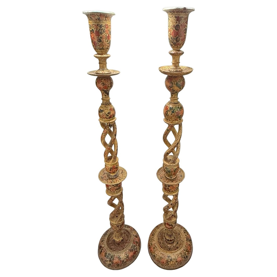 Monumental 19th Century Kashmiri Lacquered Papier-Mache Candlestick Set of 2: Monumental 19th Century Kashmiri Lacquered Papier-Mache Candlestick Set of 2 This monumental pair of 19th-century Kashmiri lacquered papier-mache floor candlesticks stands at an impressive height of 3