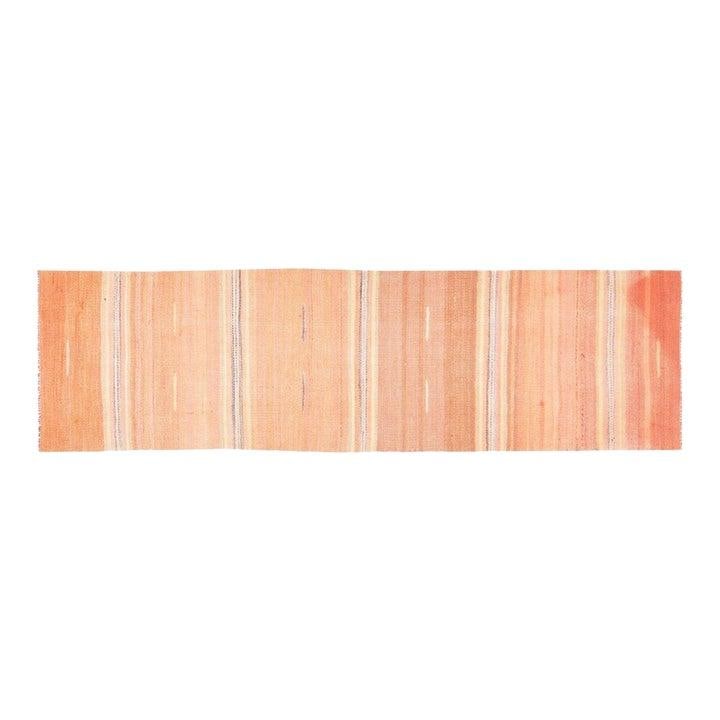 Turkish Wool Flatweave Runner Hand Knotted 2'8 x 9'6 Orange Vintage Rug: Turkish Wool Flatweave Runner Hand Knotted 2'8 x 9'6 Orange Vintage Rug This vintage Turkish flat weave rug is hand-knotted from wool using traditional rug-making techniques. It features a blend of cl